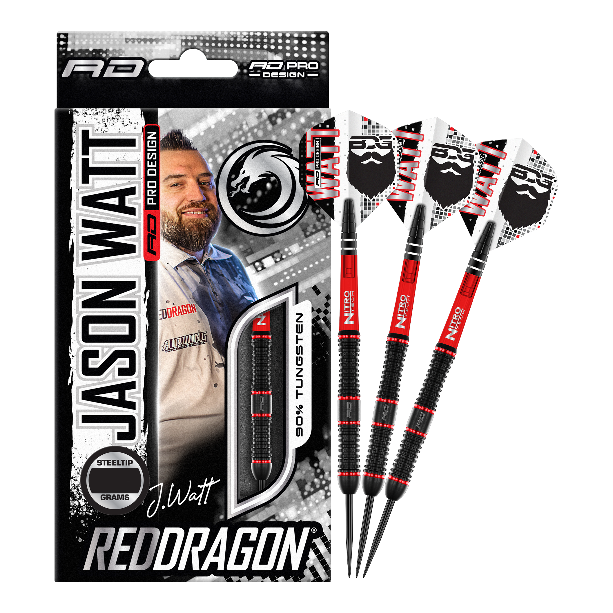 Rzutki stalowe Red Dragon Jason Watt - 22g Das Bild zeigt das Produkt "Red Dragon Jason Watt Steeldarts - 22g" in seiner Verpackung. Rechts daneben sind drei Steeldarts mit schwarzem und rotem Design zu sehen.