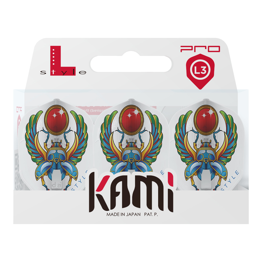 Loty Anastasia Dobromyslova V3 White L3KAMI w stylu L Das Bild zeigt eine Packung L-Style Anastasia Dobromyslova V3 White L3KAMI Flights. Die Flights sind weiß und mit einem bunten Skarabäus-Motiv bedruckt.