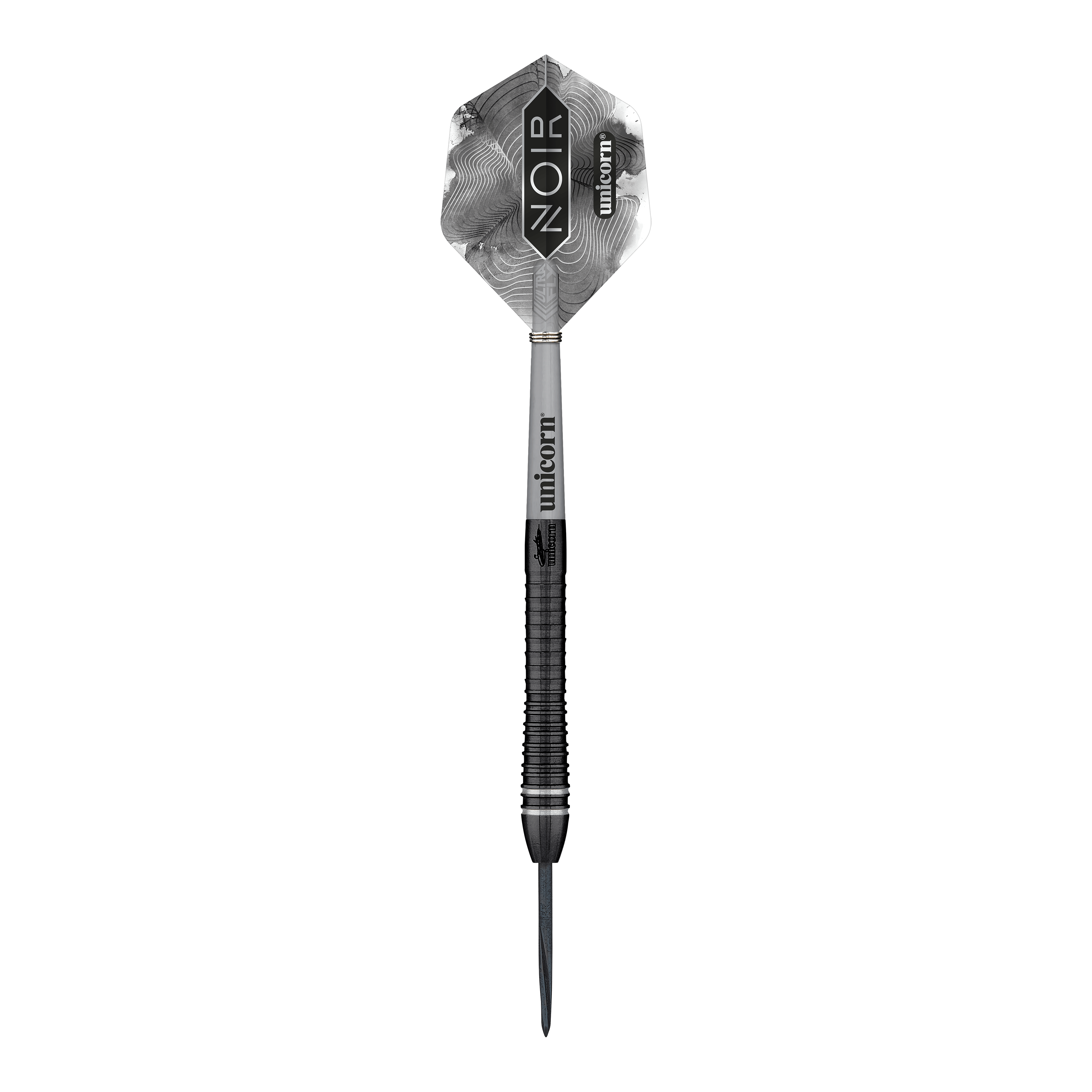 Mistrz Świata Jednorożców Gary Anderson Noir Phase 6 Steeldarts Das Bild zeigt einen Steeldart der Marke Unicorn, Modell "World Champion Gary Anderson Noir Phase 6". Der Dart ist überwiegend schwarz und silber und trägt die Aufschrift "NOIR" auf dem Flight.