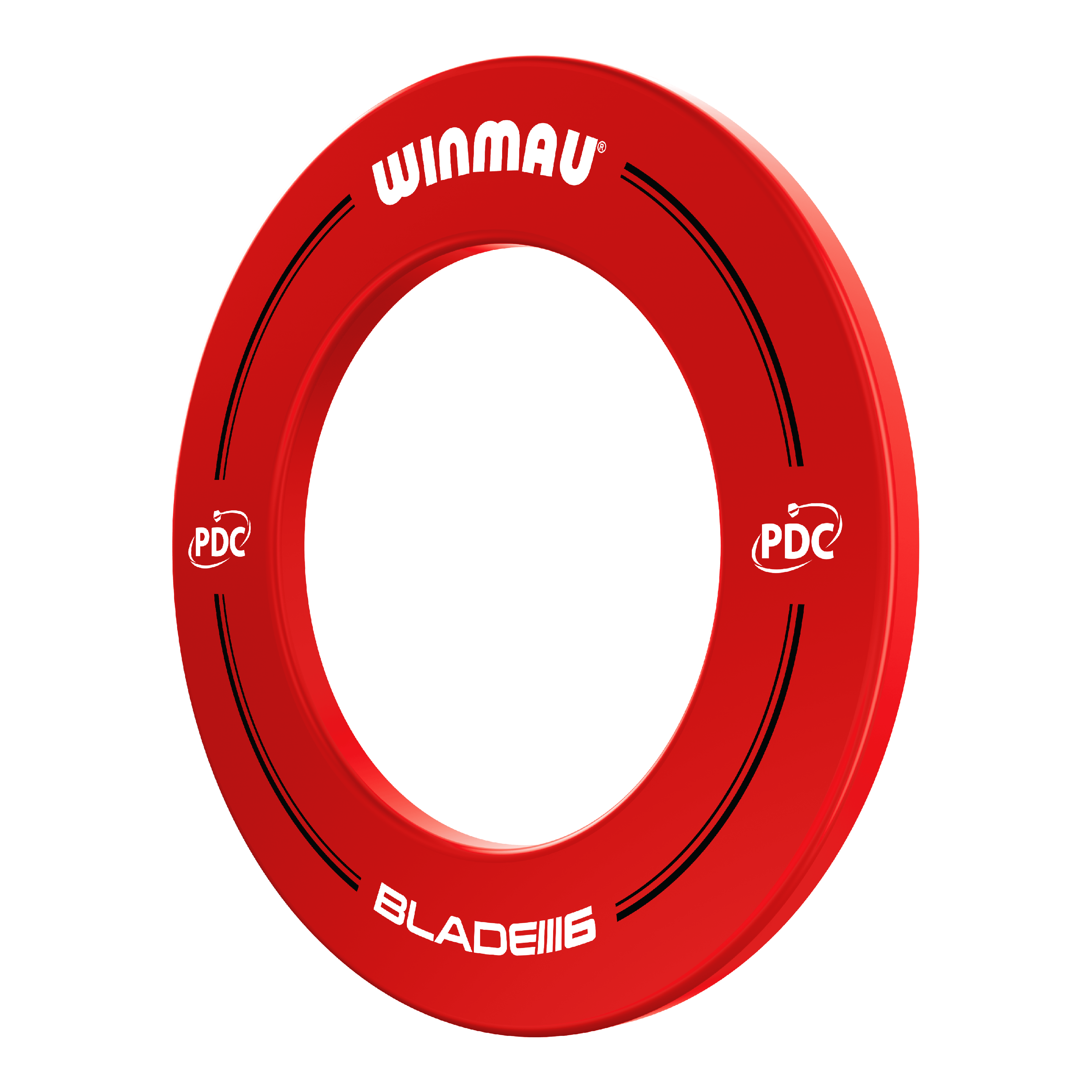Obudowa tarczy do darta Winmau PDC – czerwona Das Bild zeigt einen roten Winmau PDC Dartboard Surround. Auf dem Ring stehen die Wörter "Winmau", "PDC" und "Blade 6".