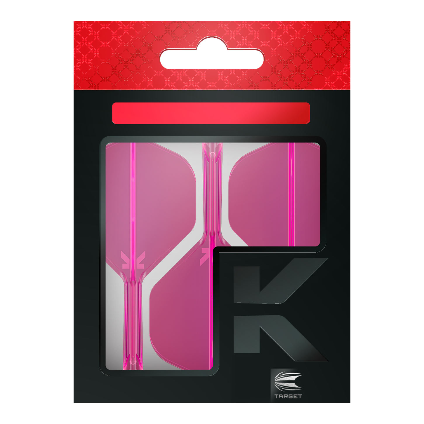 System lotu Target K-Flex No2 Standard – neonowy róż Das Bild zeigt eine Packung mit pinkfarbenen Dart-Flights der Marke Target. Die Verpackung ist überwiegend schwarz mit einem roten oberen Abschnitt.