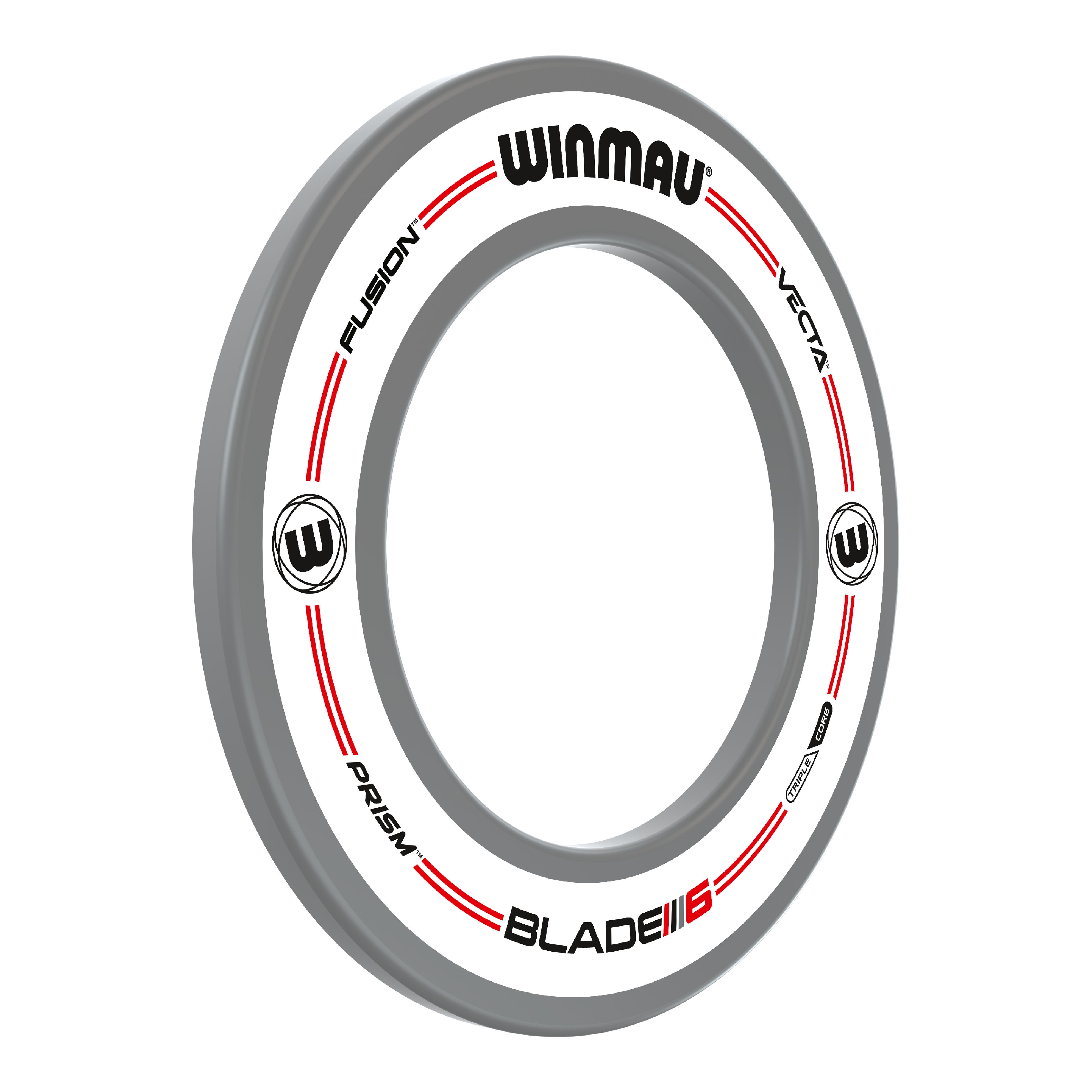 Das Bild zeigt den Winmau Pro-Line Original White Dartboard Surround. Der Dartboard-Surround ist rund, hauptsächlich weiß mit grauem Rand und roten Akzenten.