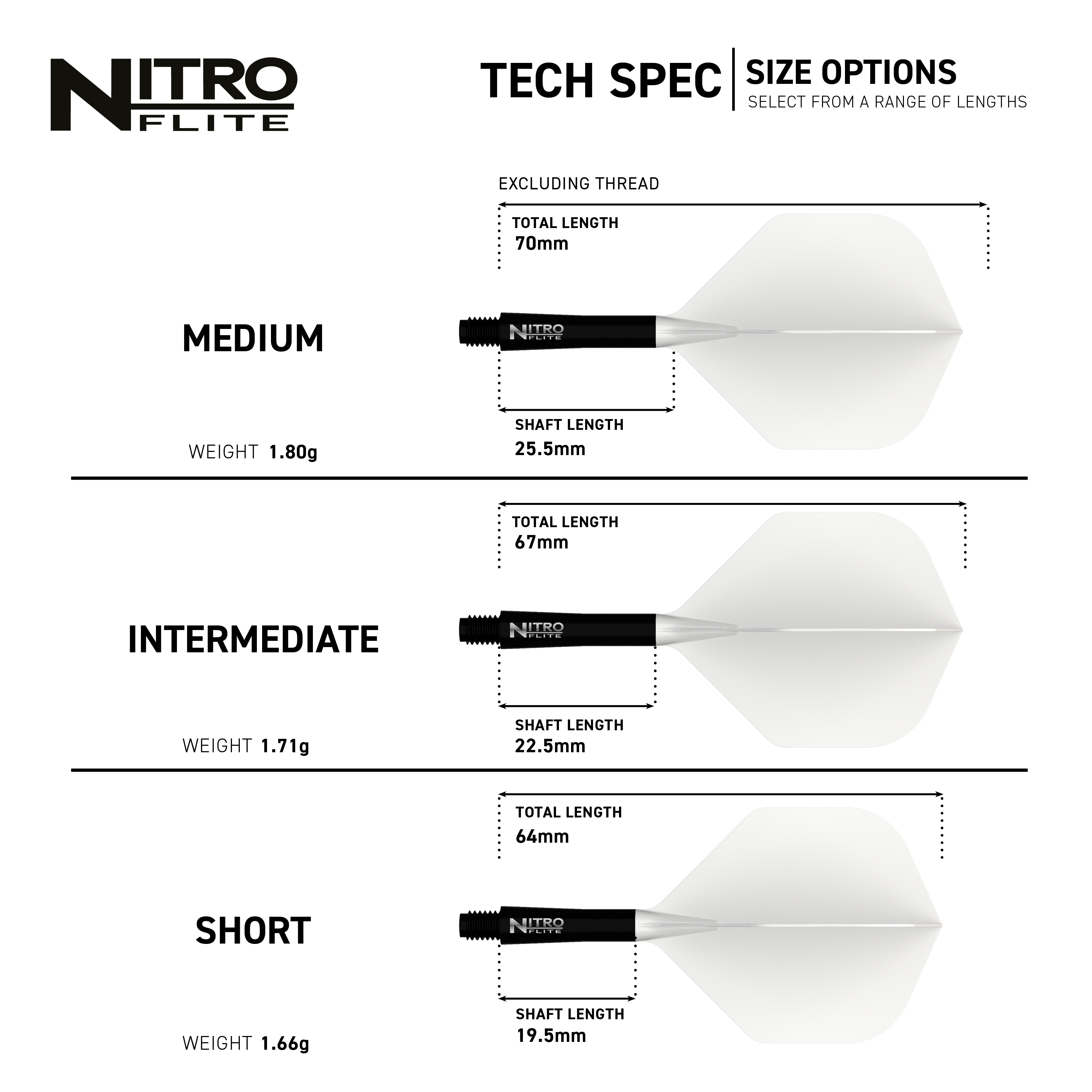 Hier sieht man das Produkt Red Dragon Nitroflite Black Shaft White Flights No2. Diese Dart-Zubehörteile haben einen schwarzen Schaft und weiße Flights.