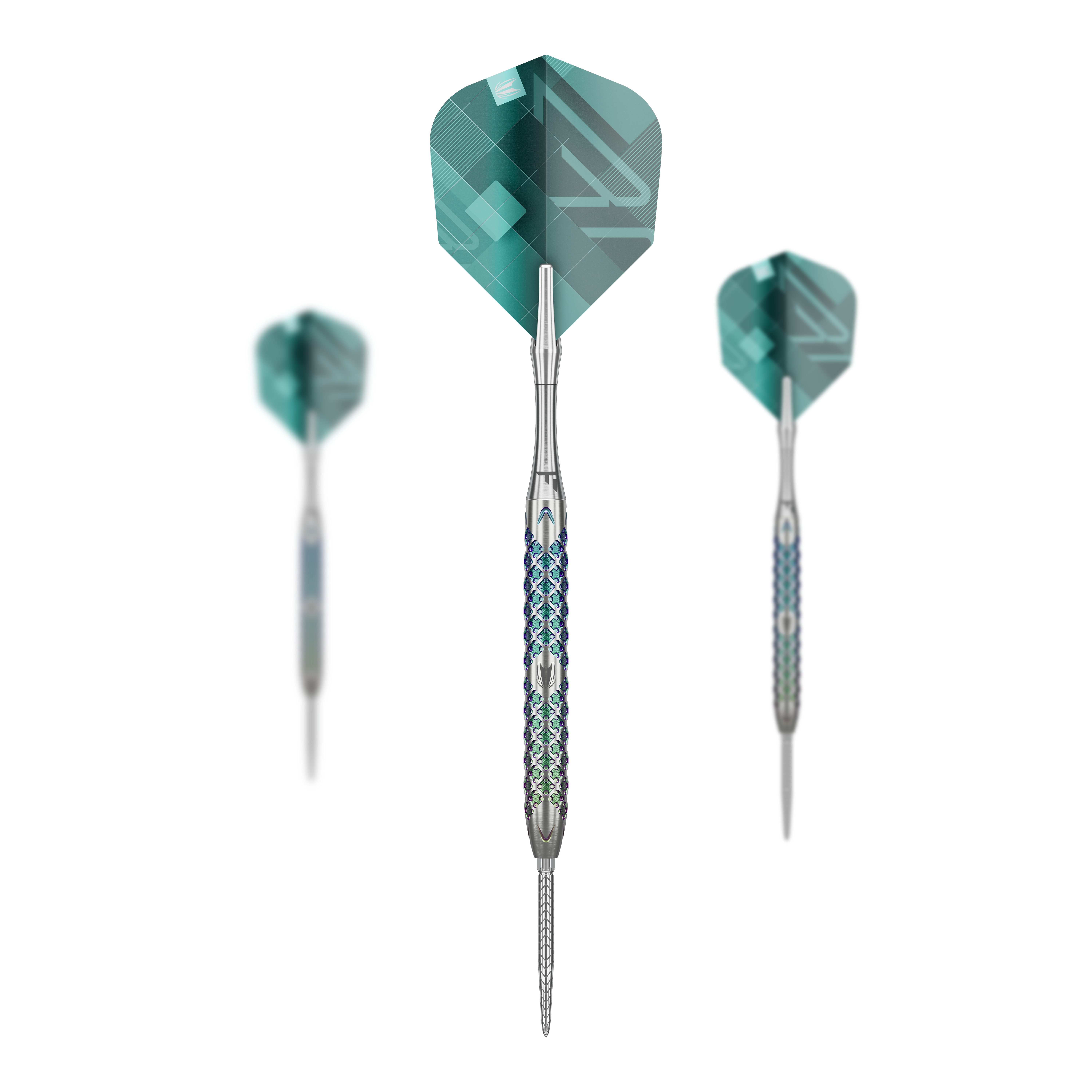 Stalowe lotki Target Rove 01 Swiss Point Das Bild zeigt drei Steeldarts des Modells "Target Rove 01 Swiss Point". Die Darts haben silberne Spitzen und einen gemusterten, blauen und silbernen Griff sowie grünliche Flights.