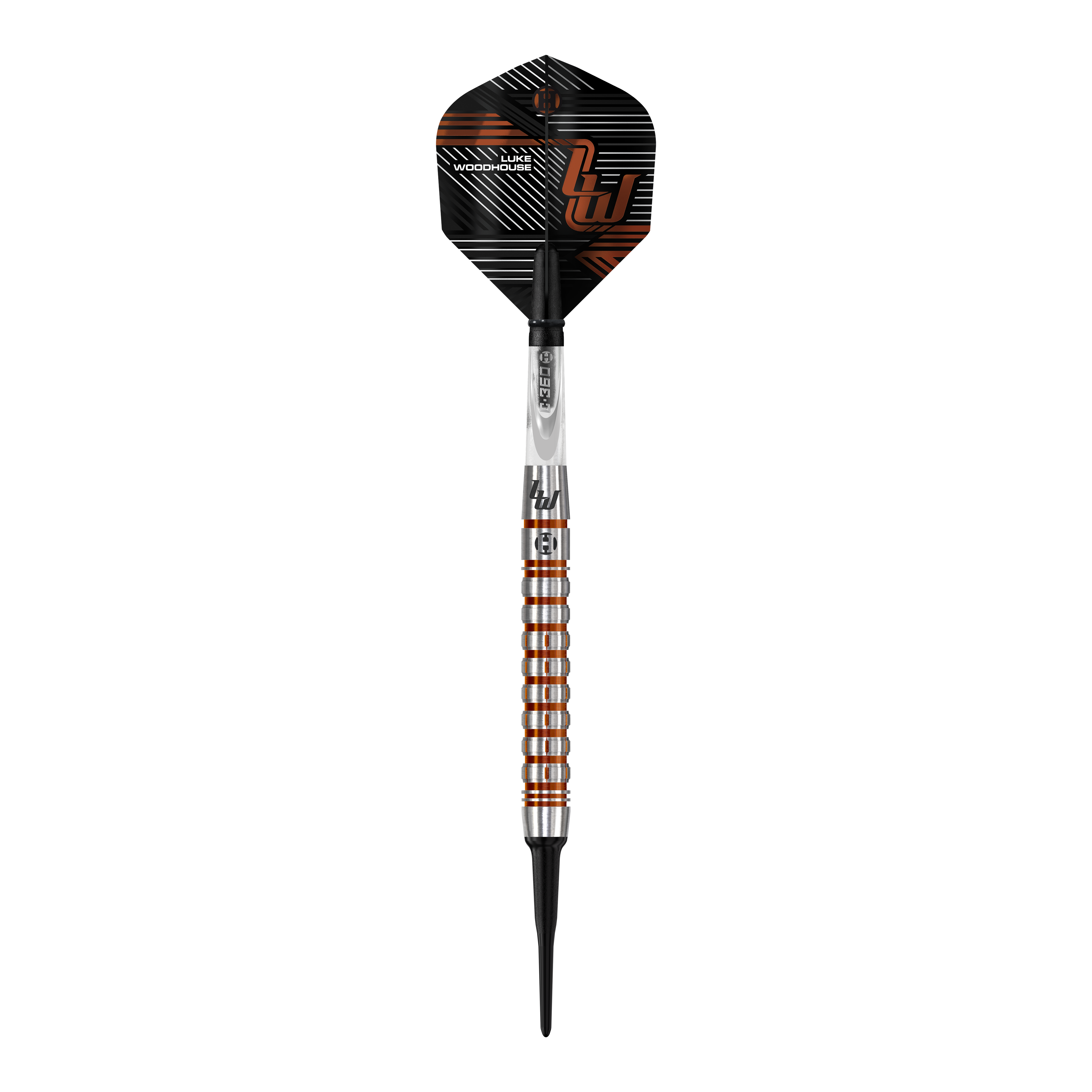 Harrow's Luke Woodhouse Series 2 Soft Darts - 18g Das Bild zeigt den Harrows Luke Woodhouse Series 2 Softdart mit einem Gewicht von 18g. Der Dartpfeil hat ein modernes, silber-orangenes Design mit schwarzen Akzenten.