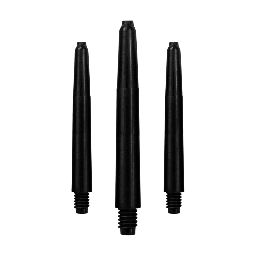 567_Nylon_Shafts_Schwarz_40mm_1 Das Bild zeigt drei schwarze Nylon-Schäfte für Dartpfeile. Sie sind in einer vertikalen Reihe angeordnet und haben ein Schraubgewinde am unteren Ende.