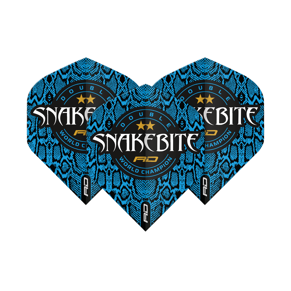 Das Bild zeigt drei Dartflights mit einem blauen Schlangenhaut-Muster. Auf den Flights steht "Snakebite Double World Champion" in auffälliger Schrift.