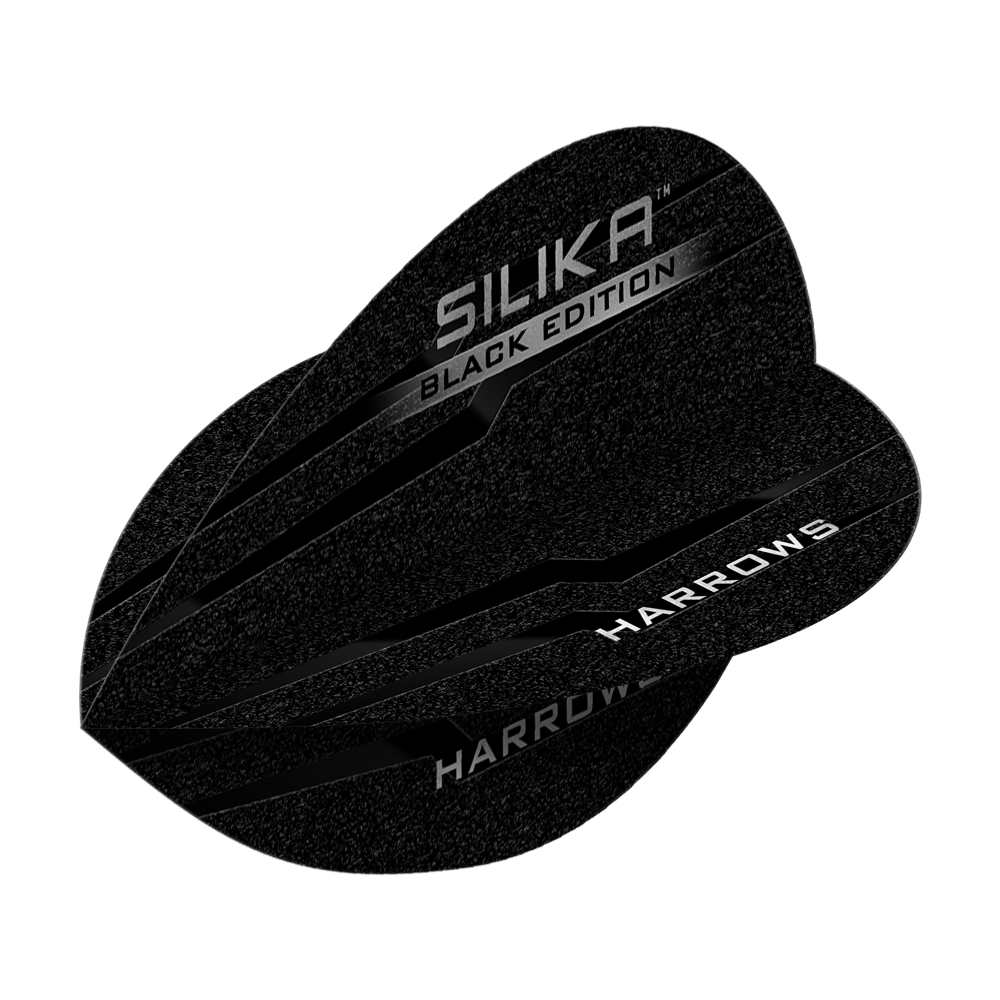 Harrow's Silica Black-Edition Pear Flights Das Bild zeigt die "Harrows Silika Black-Edition Pear Flights" in schwarzem Design. Die Flugblätter sind mit silbernen Schriftzügen verziert.
