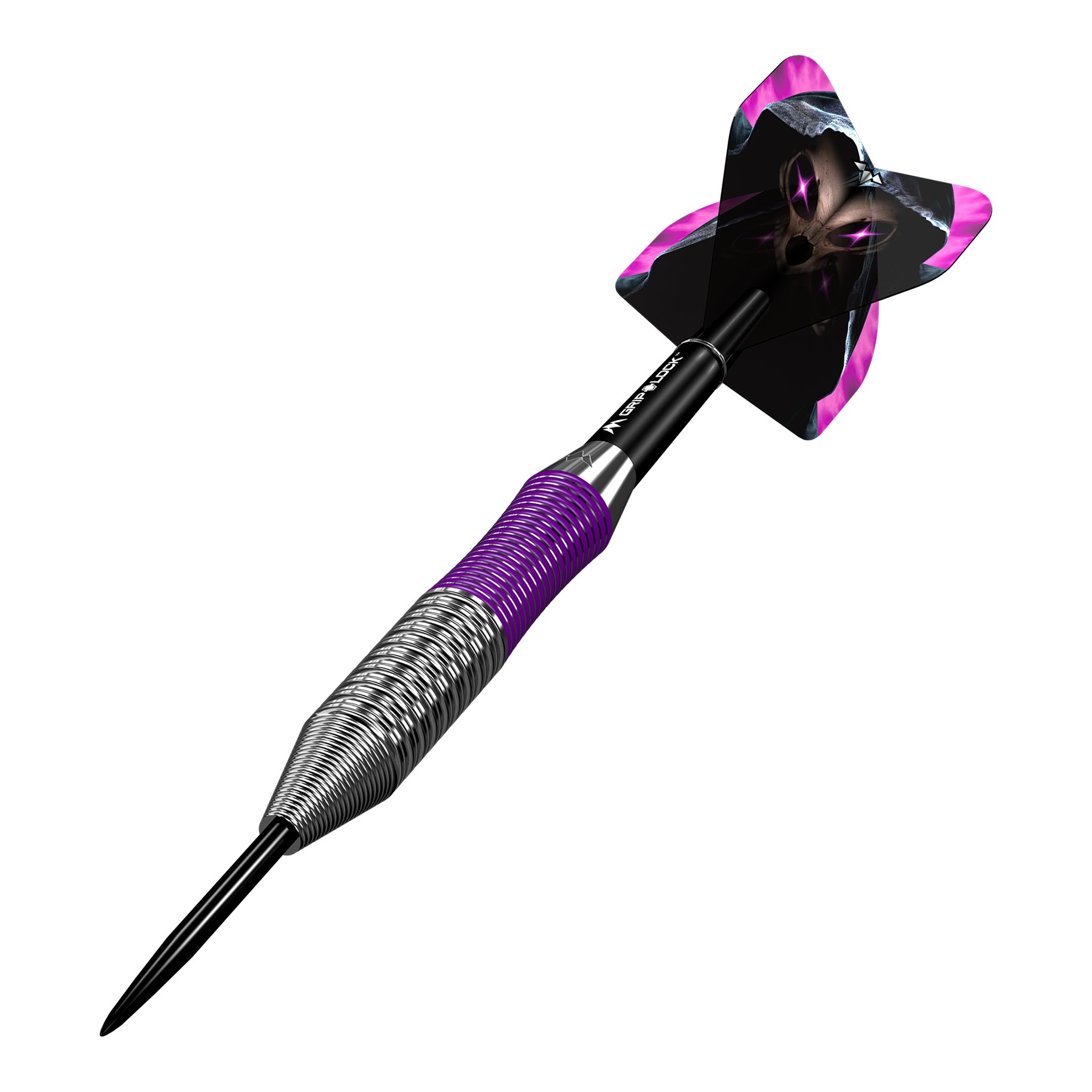 Lotki Mission Phantom Brass Steel – 22 g Dies ist ein Mission Phantom Brass Steeldart mit einem Gewicht von 22 Gramm. Der Dart hat ein metallisches Griffstück mit lila Akzenten und einen auffälligen Flight mit einem schwarzen und lila Design.