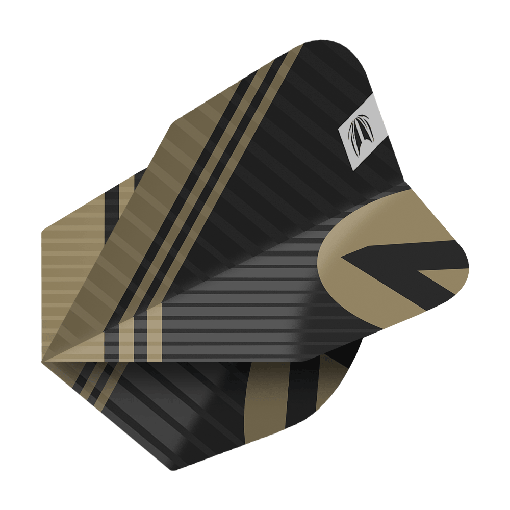 337220_Target_ProUltra_3Sets_Chicane_Black_No6_Flights_2 Das Bild zeigt ein Dartflight in Schwarz und Gold mit einem modernen Streifendesign. Es gehört zum Produkt "Target Pro Ultra Chicane Black No6 Flights - 3 Sets".