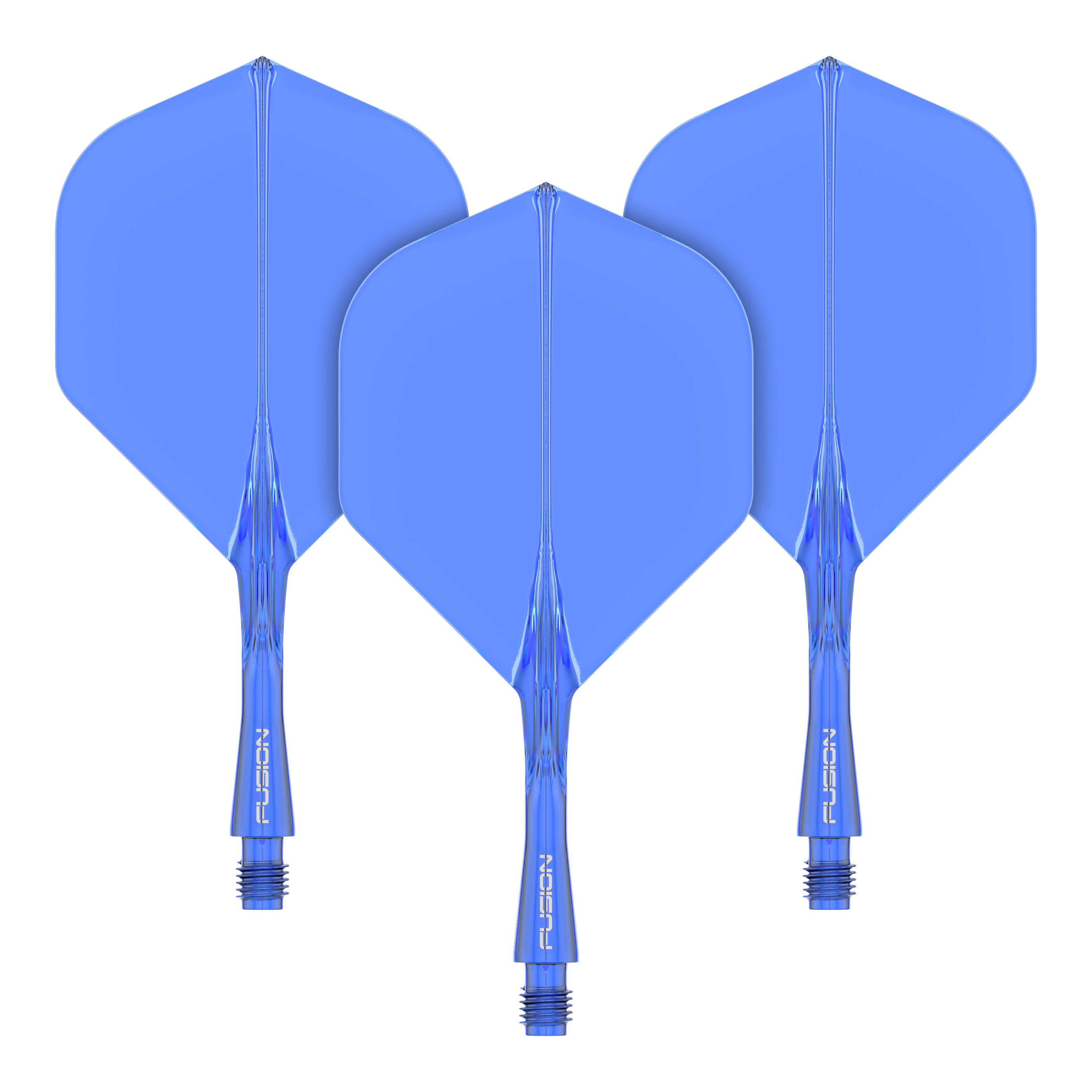 System wałów lotniczych Winmau Fusion Standard Blue Das Bild zeigt drei blaue Dart-Flights mit Schäften des Winmau Fusion Flight Shaft Systems. Sie sind in einer Reihe angeordnet und jeder Schaft ist 22 mm lang.