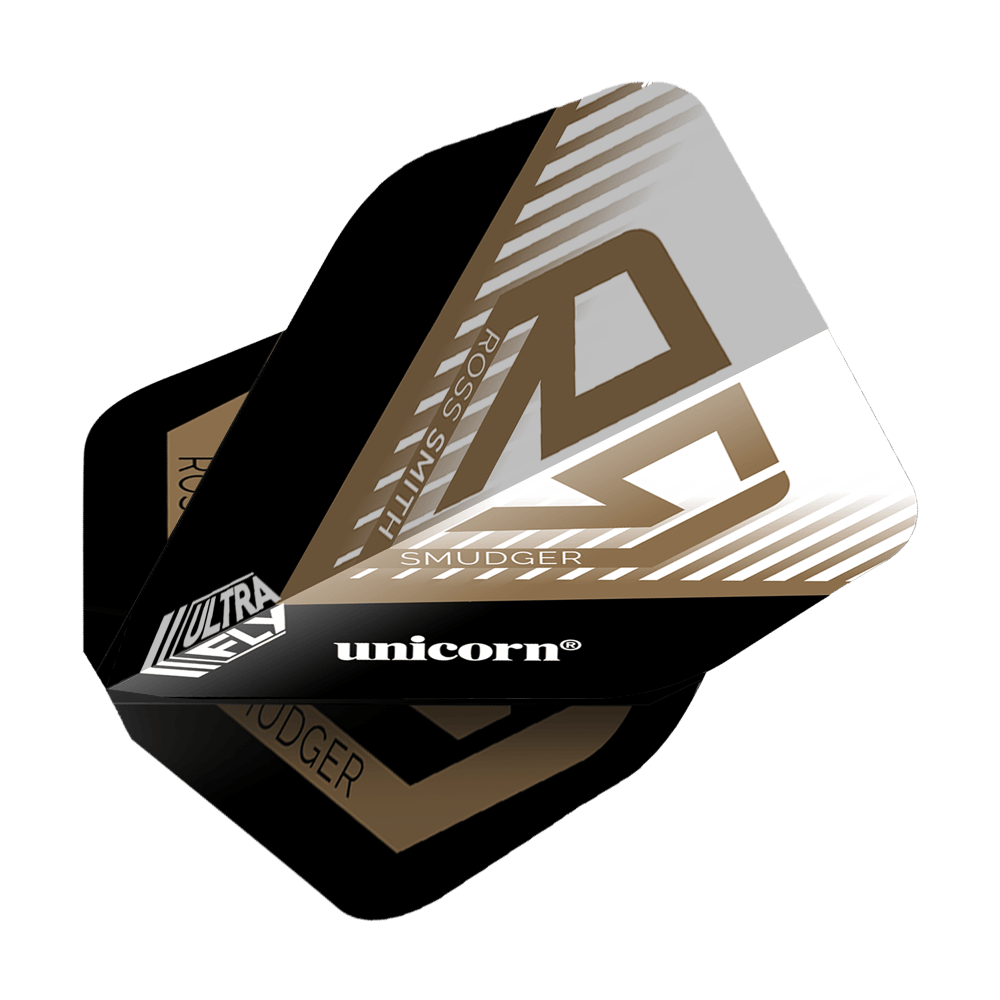 Unicorn Ultrafly 100 Ross Smith Smudger AR1 Flights Das Bild zeigt die Dartflights "Unicorn Ultrafly 100 Ross Smith Smudger AR1". Die Flights sind schwarz, weiß und gold gestaltet und tragen den Namen des Spielers sowie das Unicorn-Logo.