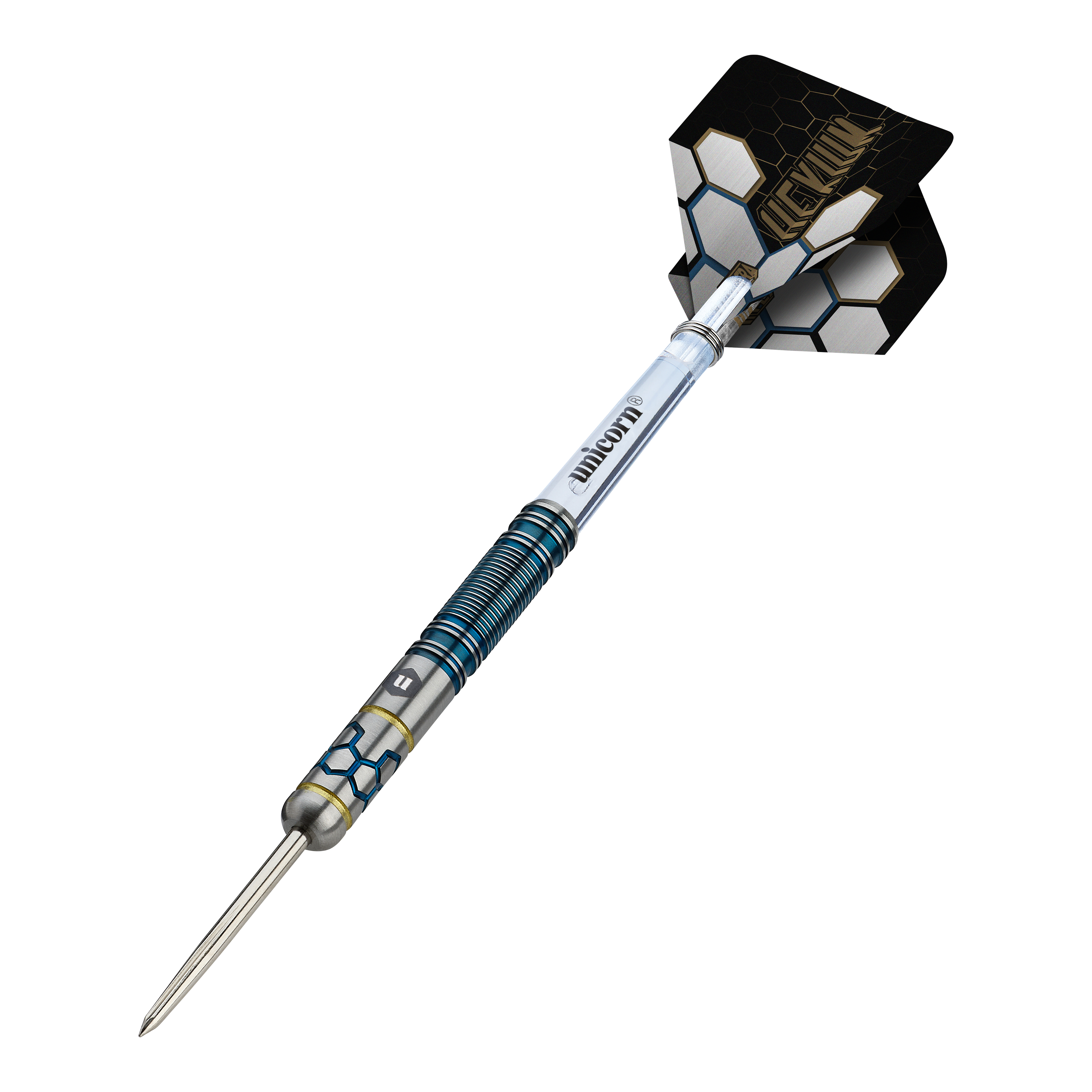 Unicorn Hexium Style 02 Niebieskie i złote Steeldarts Das Foto zeigt die Unicorn Hexium Style 02 Blue & Gold Steeldarts. Es handelt sich um hochwertige Steeldarts in Blau und Gold.