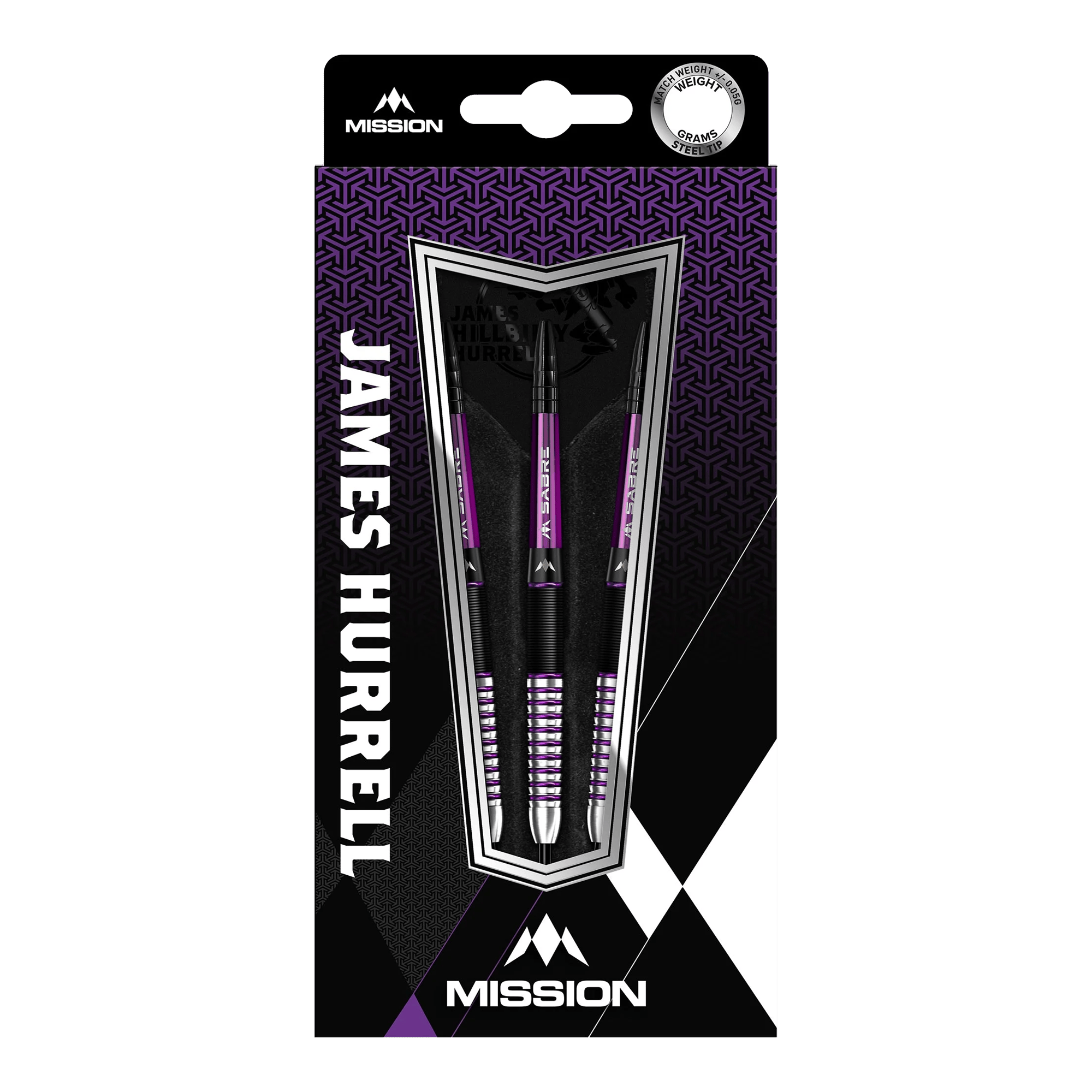 Die Verpackung zeigt die Mission James Hurrell Hillbilly Black Purple Steeldarts. Drei schwarze Steeldarts mit lila Akzenten sind im Inneren sichtbar.