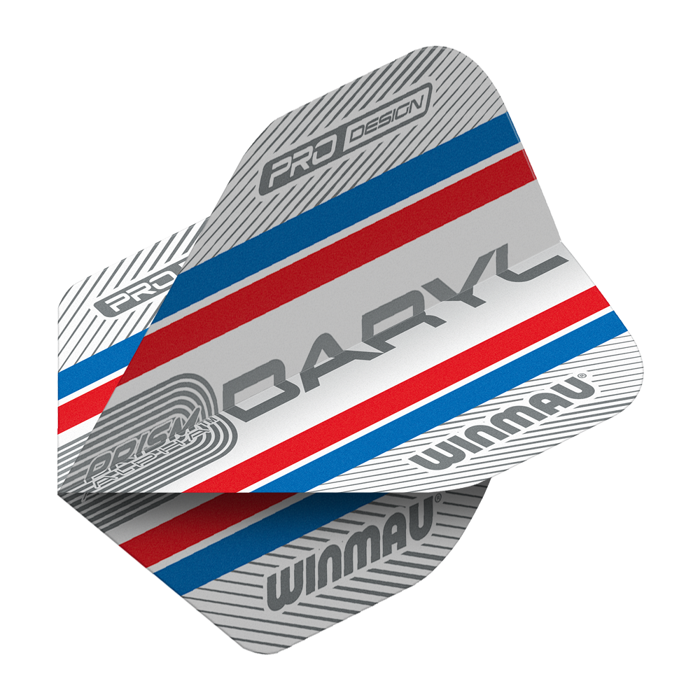 Winmau Alpha Daryl Gurney Gurney 85 Standard Flights Das Bild zeigt die Winmau Alpha Daryl Gurney 85 Standard Flights für Dartpfeile. Die Flights sind silberfarben mit blauen und roten Streifen sowie verschiedenen Aufschriften wie "DARYL" und "WINMAU".
