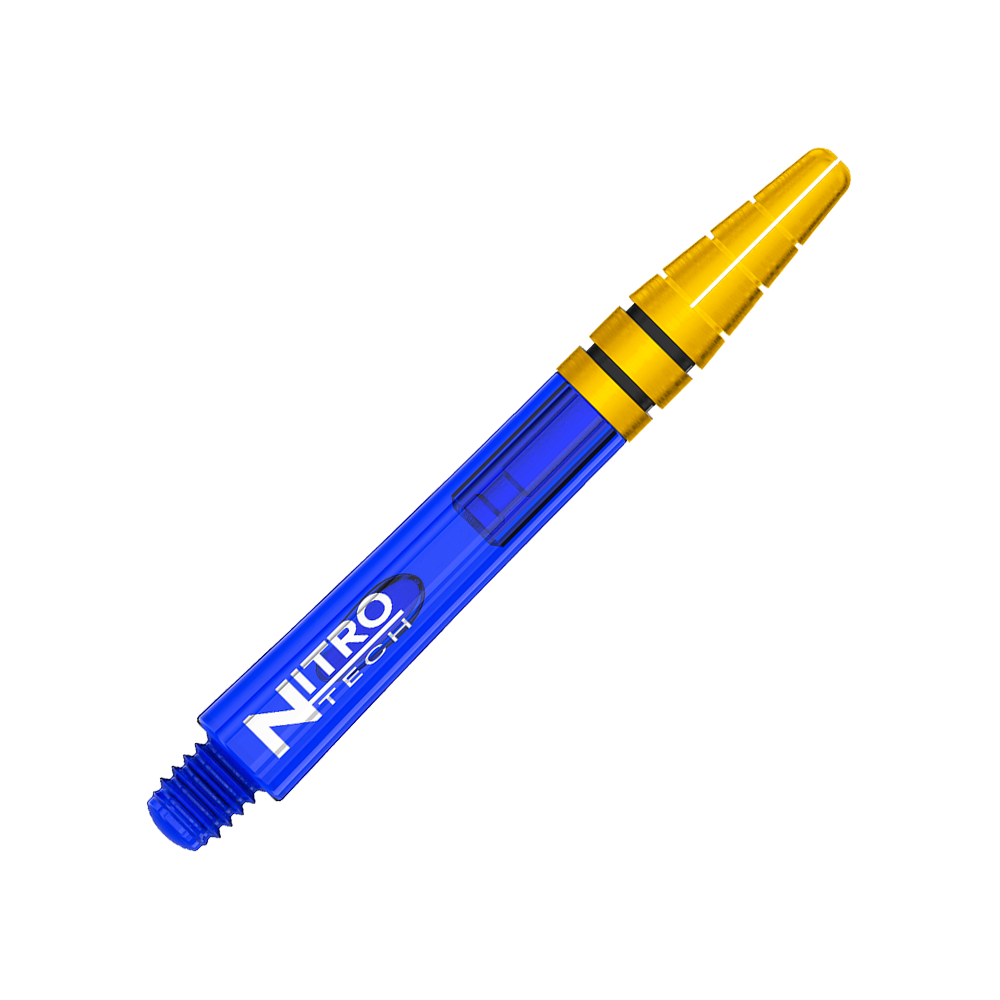C799_Red_Dragon_Nitrotech_Shafts_Blau_Gold_39mm_2 Das Bild zeigt einen Red Dragon Nitrotech Shaft in Blau-Gold mit einer Länge von 39 mm. Der Schaft hat einen blauen Körper und einen goldenen oberen Teil.
