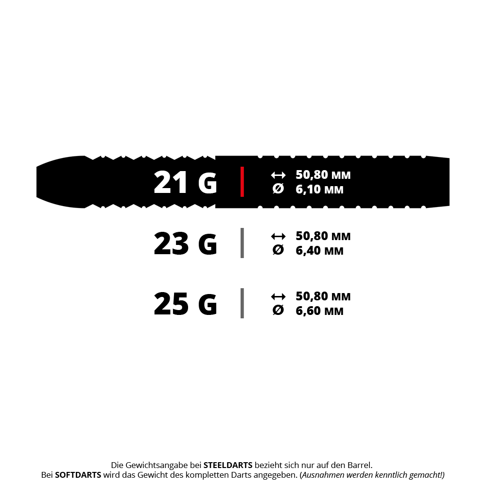 Misja Matt Edgar Steeldarts Das Bild zeigt drei verschiedene Steeldarts mit den Gewichten 21 g, 23 g und 25 g. Zu jedem Dart sind die Länge von 50,80 mm und der jeweilige Durchmesser angegeben.