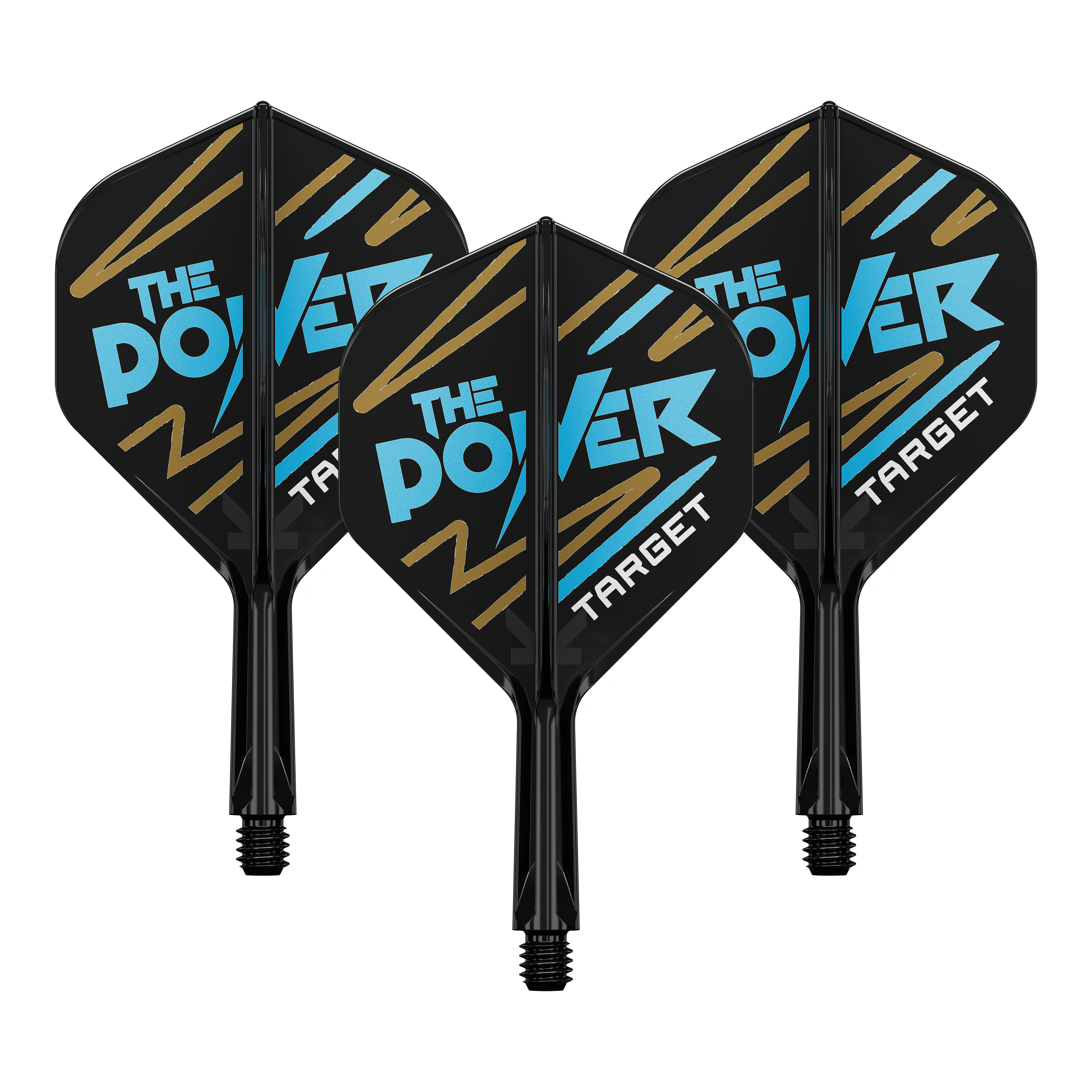 System wału lotniczego Target K-Flex Phil Taylor No2 Standard Auf dem Bild sind drei Dartflights mit schwarzem Hintergrund zu sehen. Auf den Flights steht in blauer und weißer Schrift "THE POWER" und unten "TARGET".
