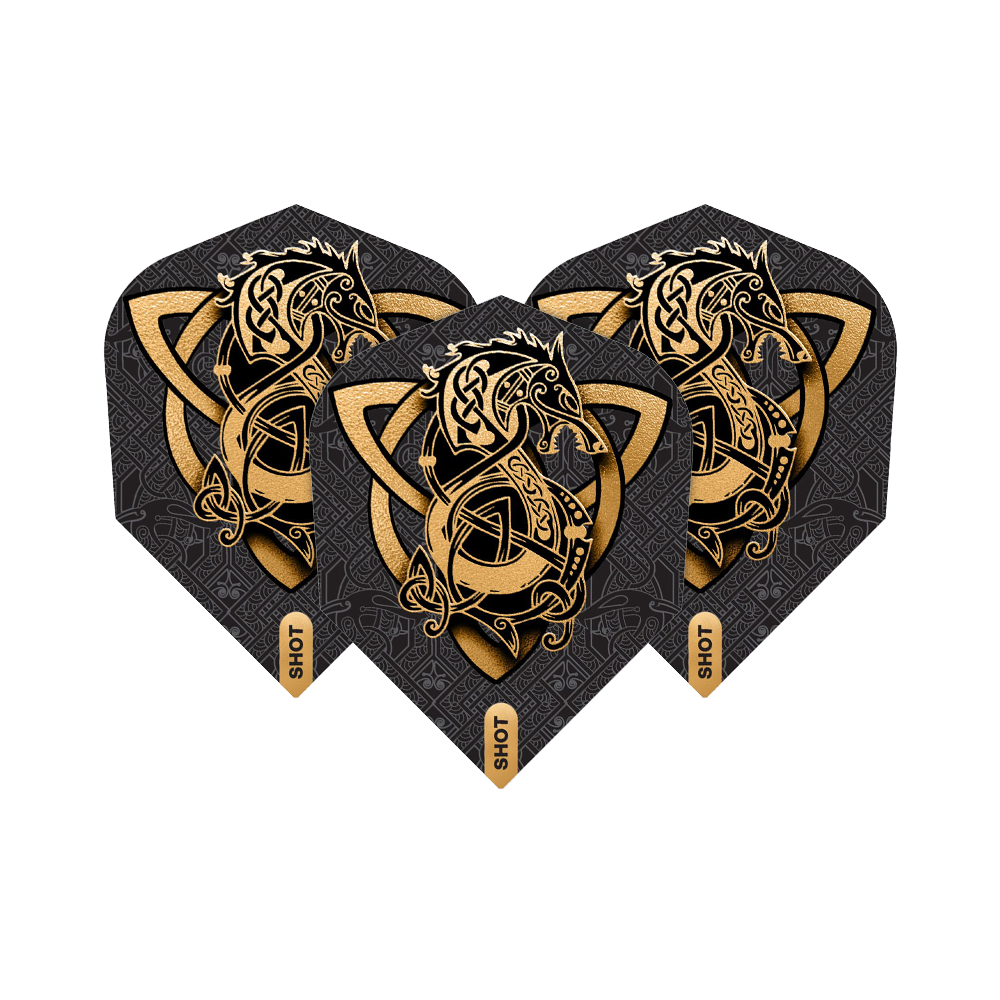 Shot Viking Wolf nr 6 Flights Das Bild zeigt drei Dartflights des Produkts "Shot Viking Wolf No6 Flights". Sie sind schwarz mit einem goldenen, wikinger-inspirierten Wolfsmotiv verziert.