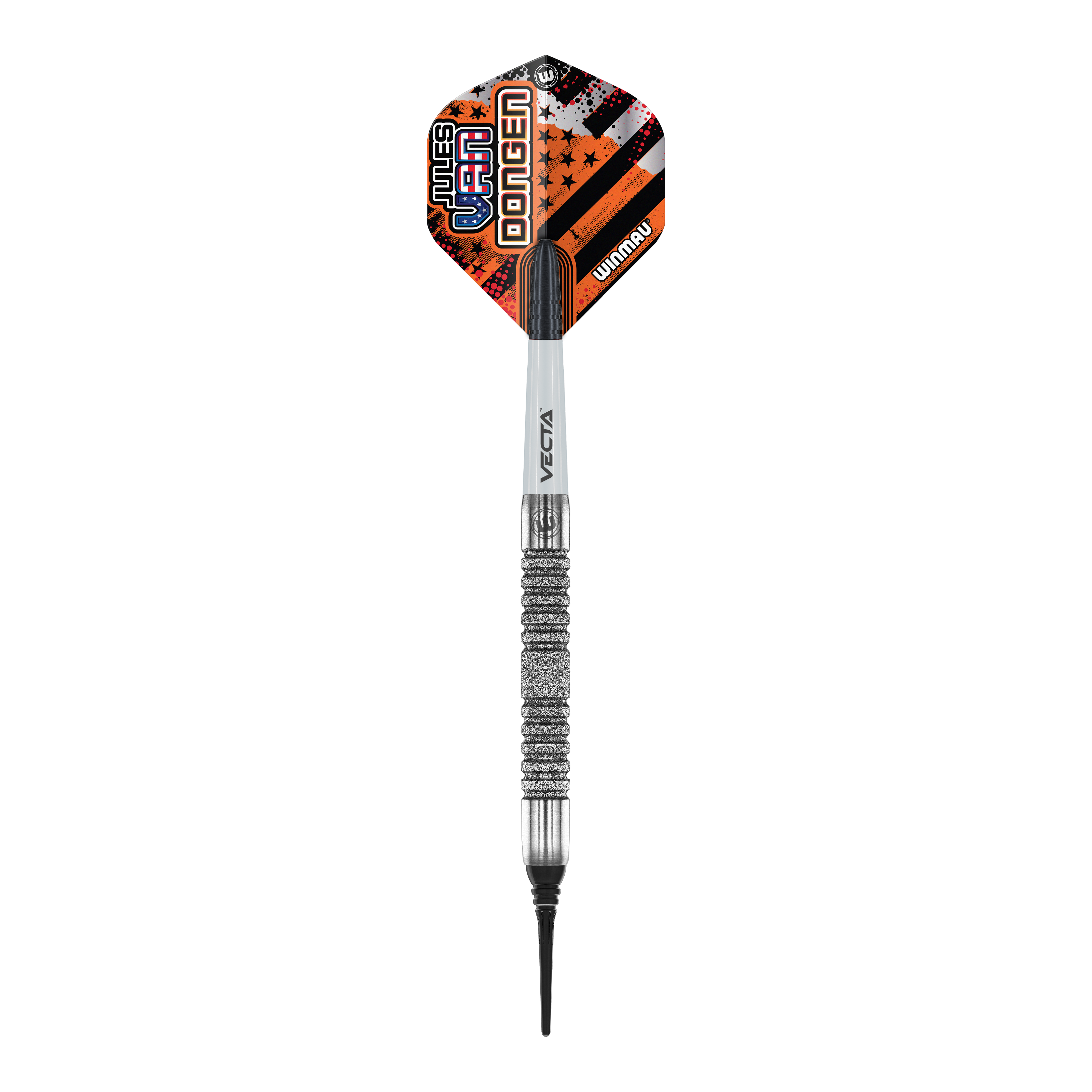 Miękkie rzutki Winmau Jules Van Dongen - 20g Das Bild zeigt einen Winmau Jules Van Dongen Softdart mit einem Gewicht von 20 Gramm. Der Dartpfeil hat ein auffälliges Flight-Design in Orange, Schwarz und Weiß mit dem Namen des Spielers darauf.