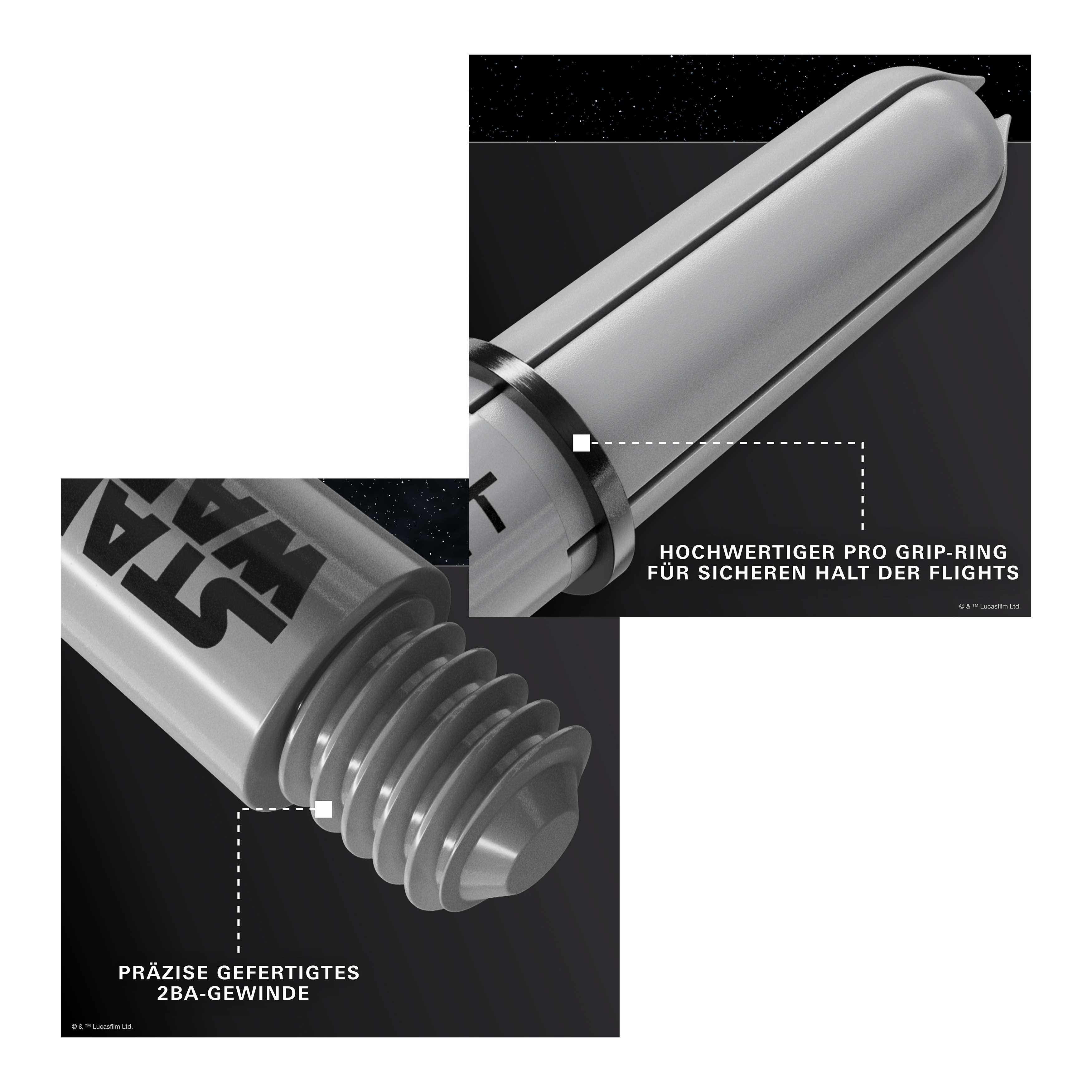 Gezeigt wird das Produkt Target Star Wars ProGrip Shafts - Grau. Die robusten Dartschäfte sind in Grau gehalten.