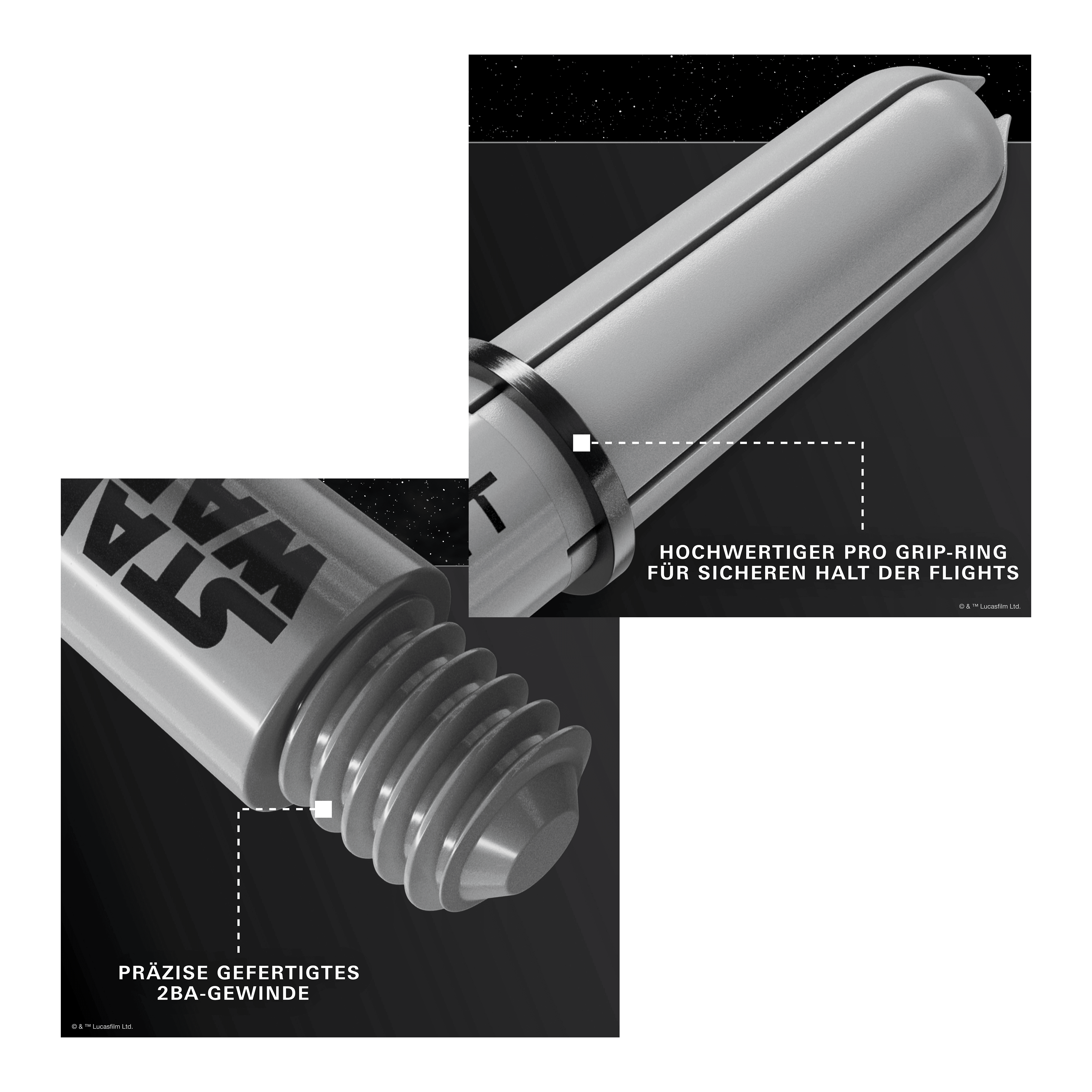 Wałki Target Star Wars ProGrip – szare Gezeigt wird das Produkt Target Star Wars ProGrip Shafts - Grau. Die robusten Dartschäfte sind in Grau gehalten.