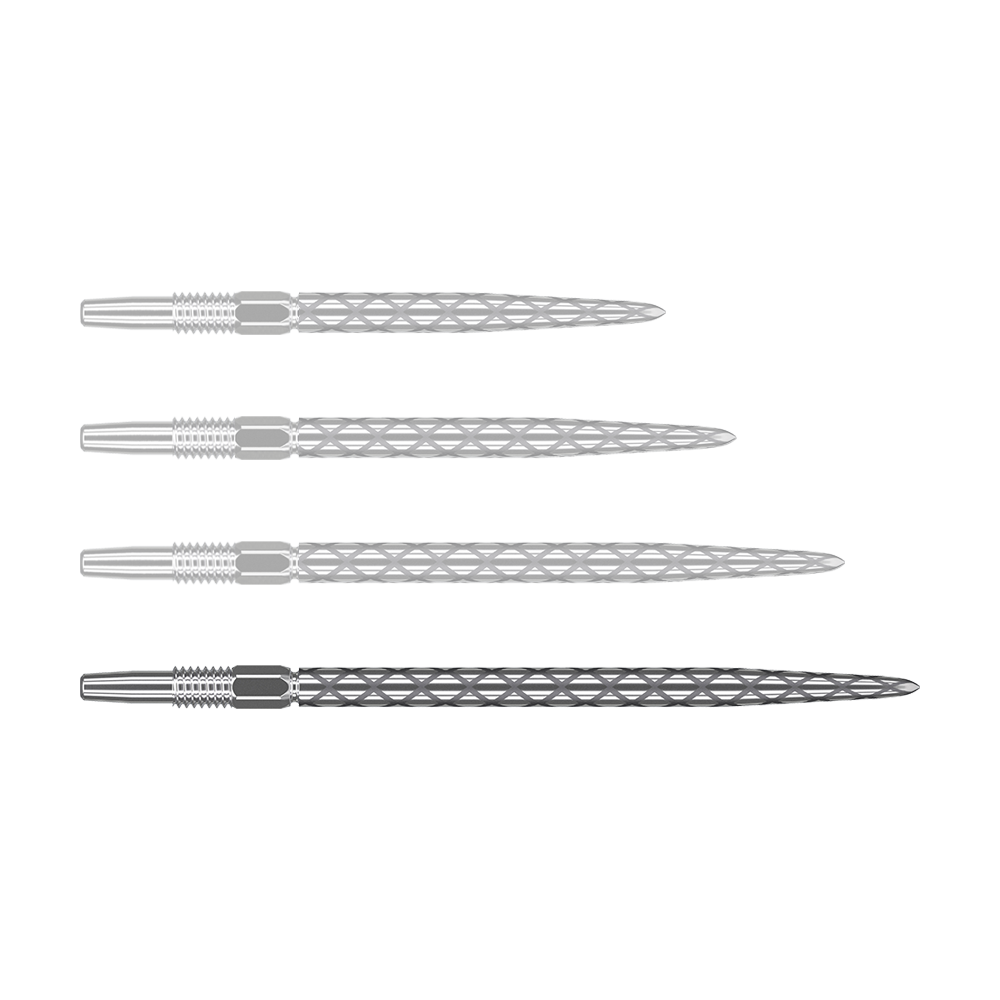 Końcówki do lotek Target Swiss Diamond Pro Silver Points Auf dem Bild sind vier silberne Dartspitzen mit einem rautenförmigen Muster zu sehen. Sie liegen waagerecht und sind gleichmäßig angeordnet.