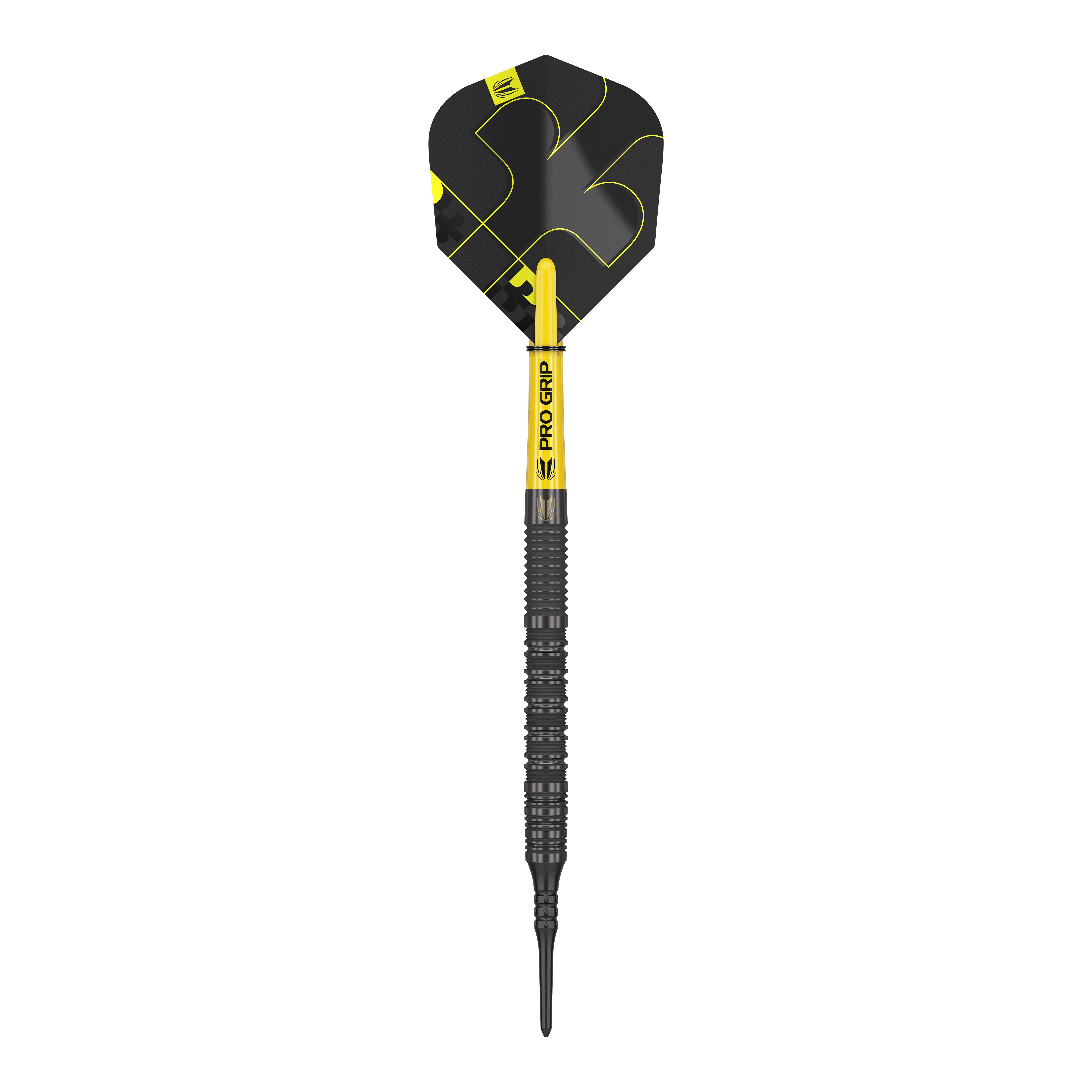 Target Bolide Void 10 miękkich rzutek Das Bild zeigt einen Target Bolide Void 10 Softdartpfeil. Der Pfeil ist schwarz mit gelben Akzenten und hat einen Pro Grip Schaft.