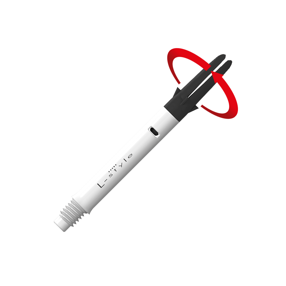Wałek L-L-Style-Shaft Carbon Silent Straight - biały Dies ist ein weißer Carbon-Schaft für Dartpfeile der Marke L-Style. Der obere schwarze Teil kann sich drehen, wie durch den roten Pfeil angezeigt.