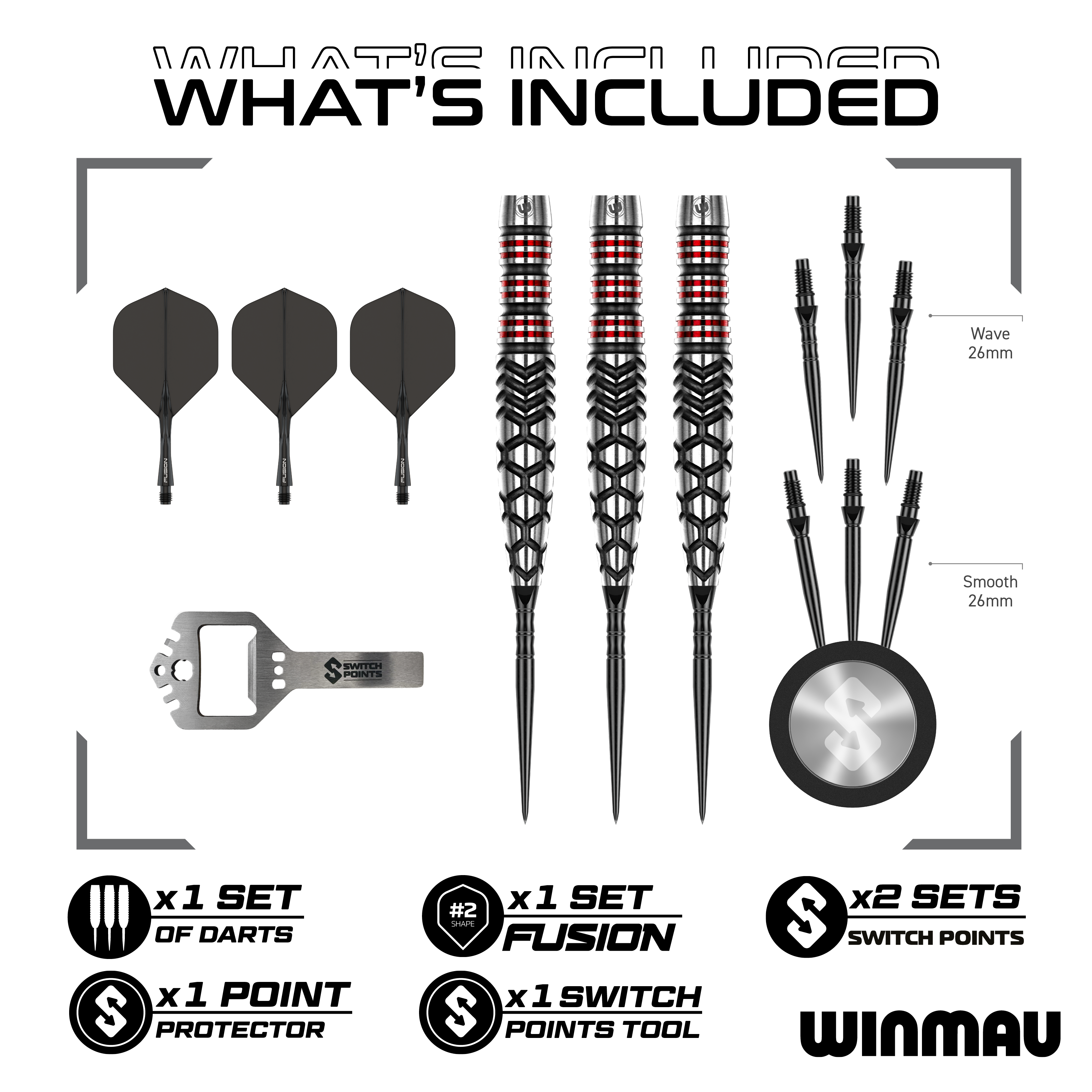 Abgebildet sind die Winmau Fornax Torpedo Switch Points Steeldarts. Sie zeichnen sich durch ihr innovatives Design und hochwertige Verarbeitung aus.