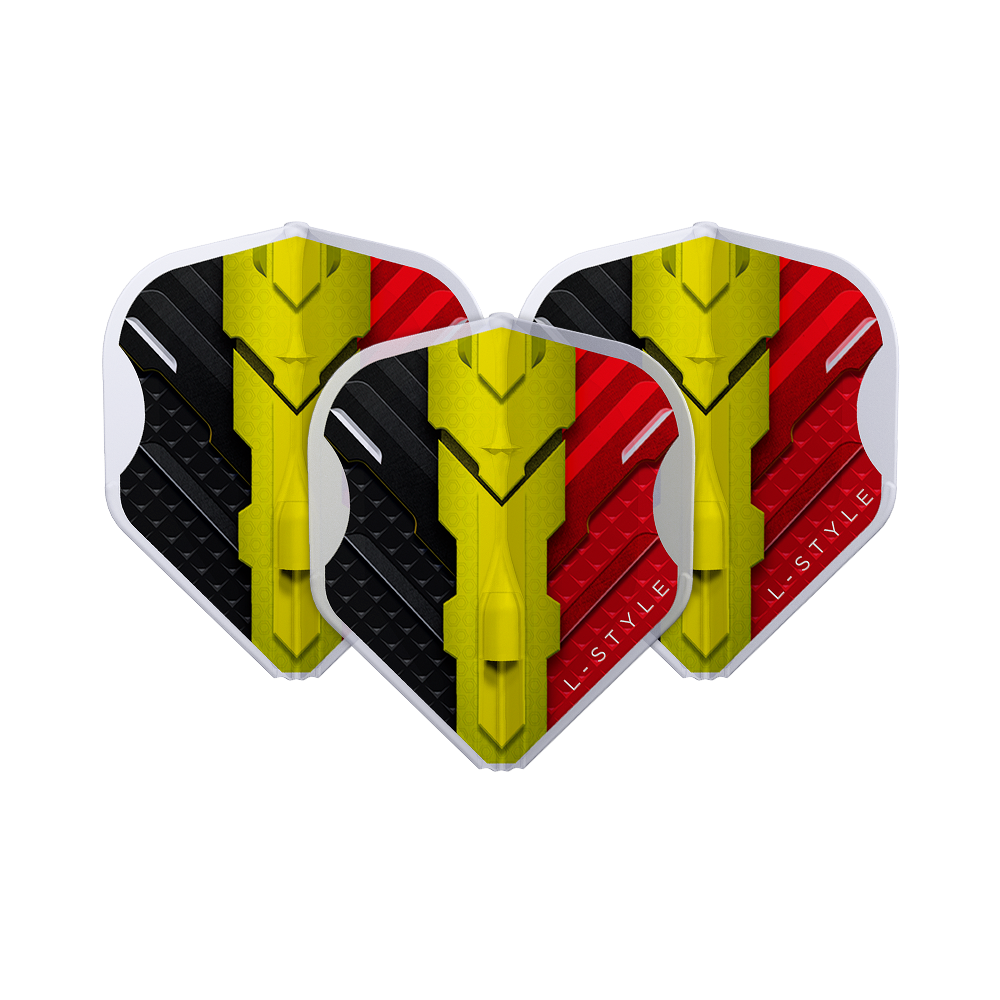 L-Style V-Series V1 Typ C Belgia Przezroczysta biel L1EZ Loty Das Bild zeigt drei Dart-Flights des Modells "L-Style V-Series V1 Type C Belgium Clear White L1EZ Flights". Die Flights sind in den Farben Schwarz, Gelb und Rot gestaltet und zeigen ein modernes Design.