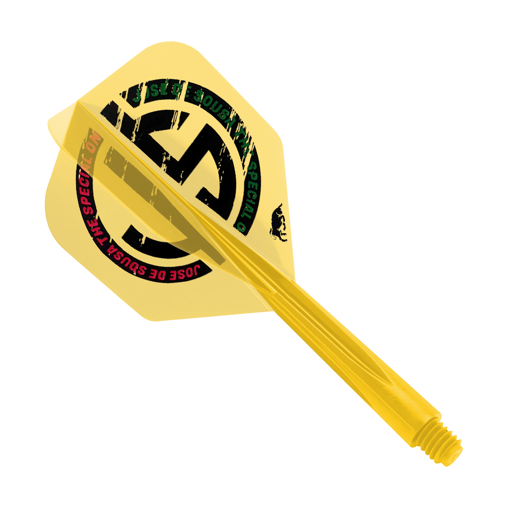 Condor AX Jose De Souza Special One Inspiration Flight System – Żółty – Mały Das Bild zeigt ein gelbes Dart-Flight-System mit der Aufschrift "Jose De Sousa Special One". Das Produkt trägt den Namen "Condor AXE Jose De Souza Special One Inspiration Flight-System - Gelb - Small".