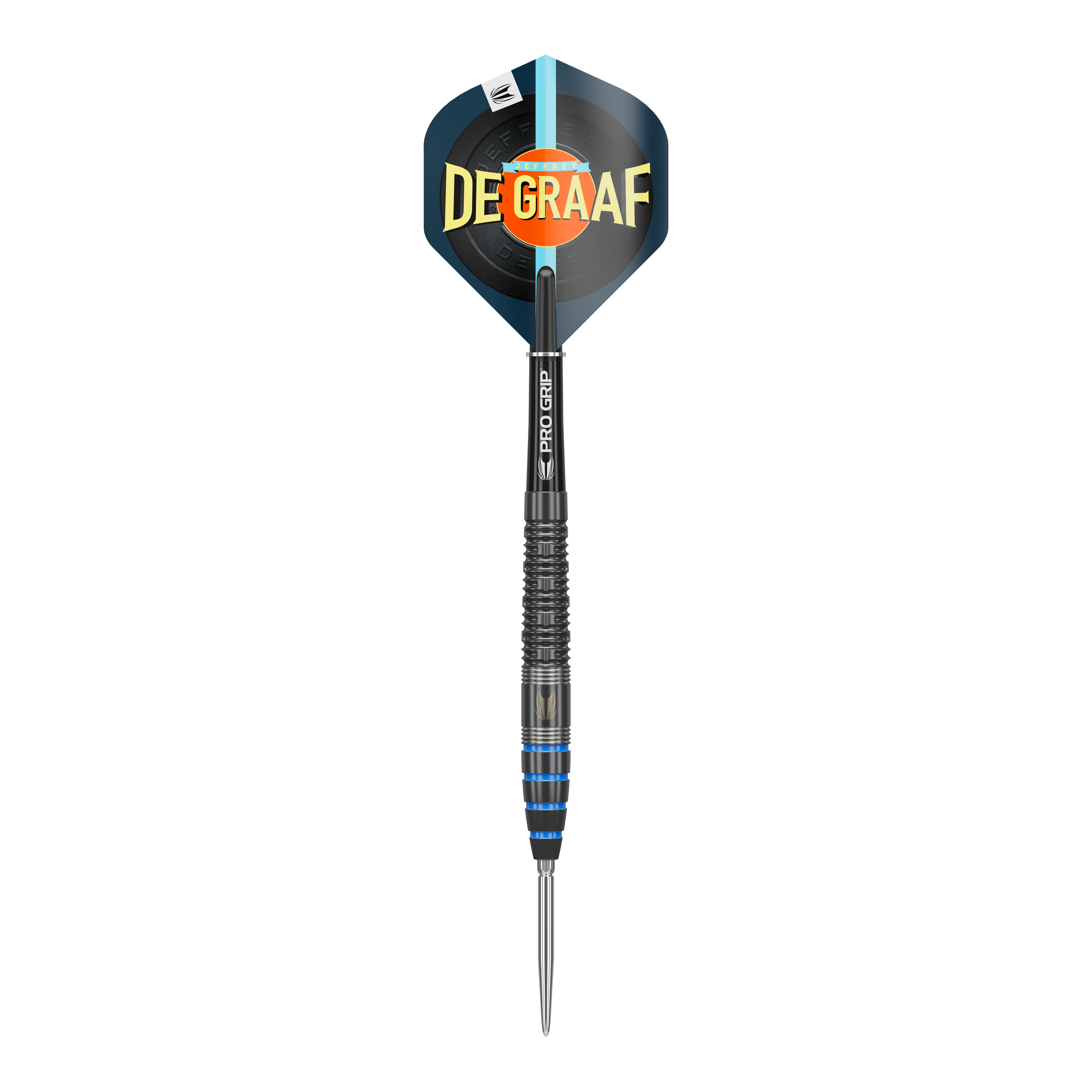 Target Jeffrey De Graaf GEN1 Swiss Point Steeldarts - 23g Das Bild zeigt einen Target Jeffrey De Graaf GEN1 Swiss Point Steeldart mit 23g Gewicht. Der Dart hat einen schwarzen Schaft und blaue Akzente am Griff, auf dem Flight steht "DE GRAAF".