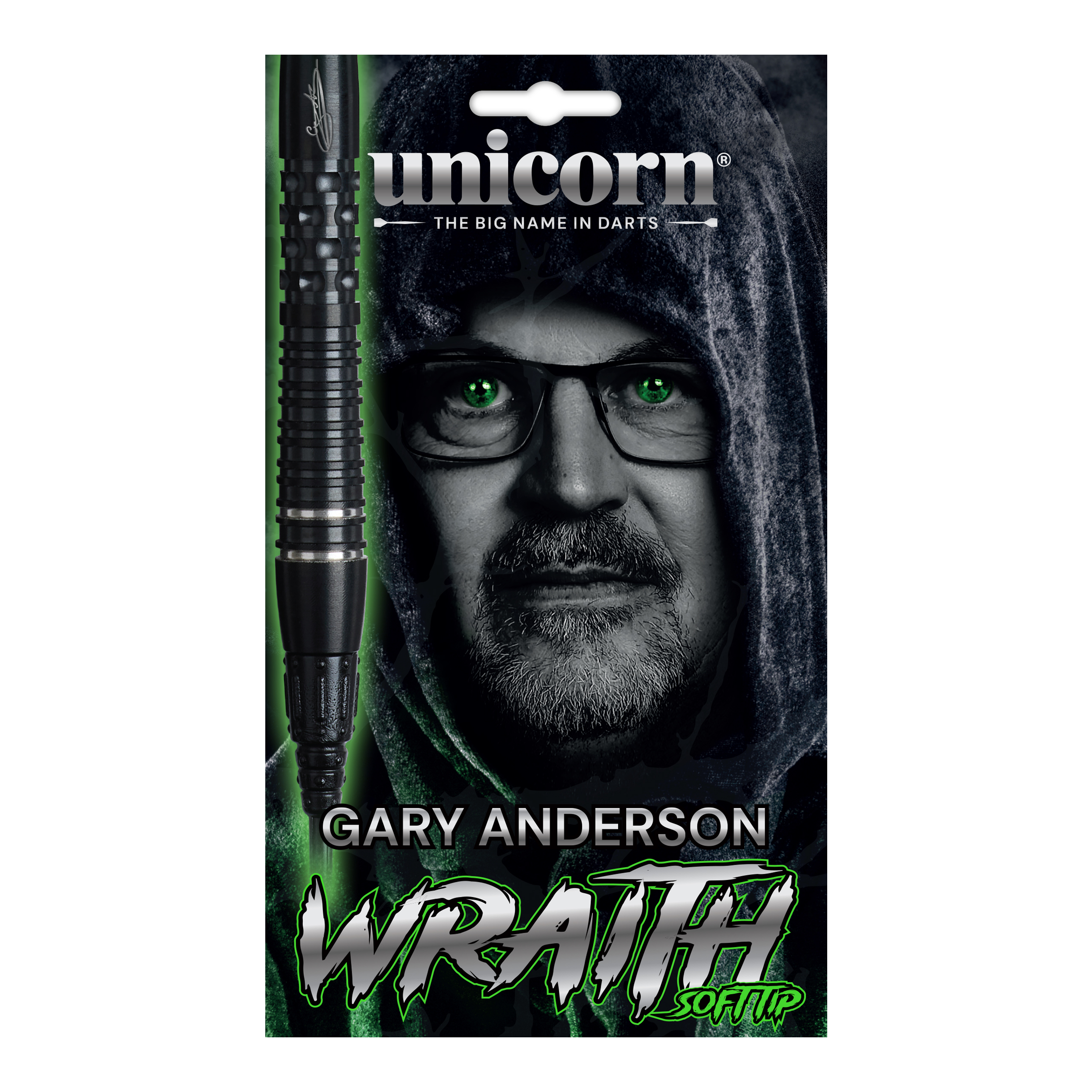 Unicorn Wraith Gary Anderson Phase 6 Softdarts mit 20g Gewicht ist auf dem Bild zu sehen. Der Softdart ist detailliert dargestellt.