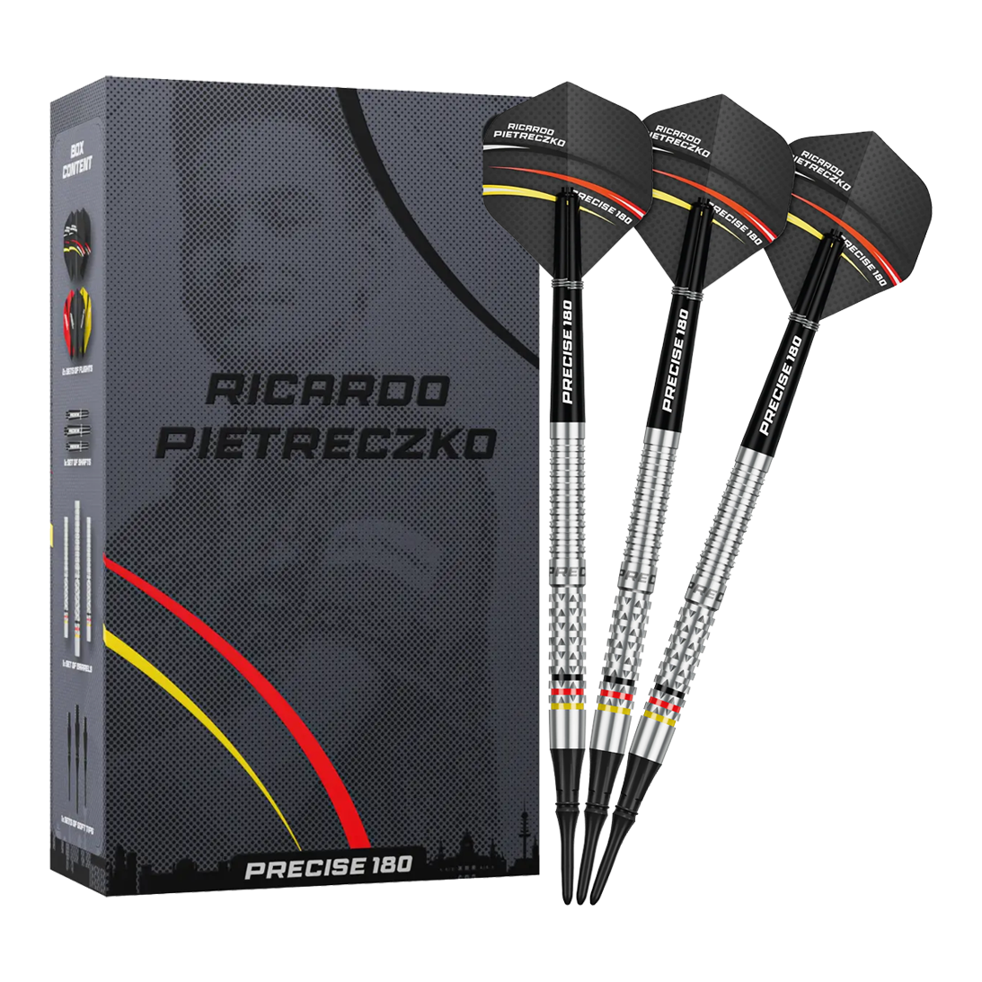 Precise 180 Ricardo Pietreczko GEN1 miękkie lotki Gezeigt werden die Precise 180 Ricardo Pietreczko GEN1 Softdarts. Diese Softdarts zeichnen sich durch ihre Präzision aus.
