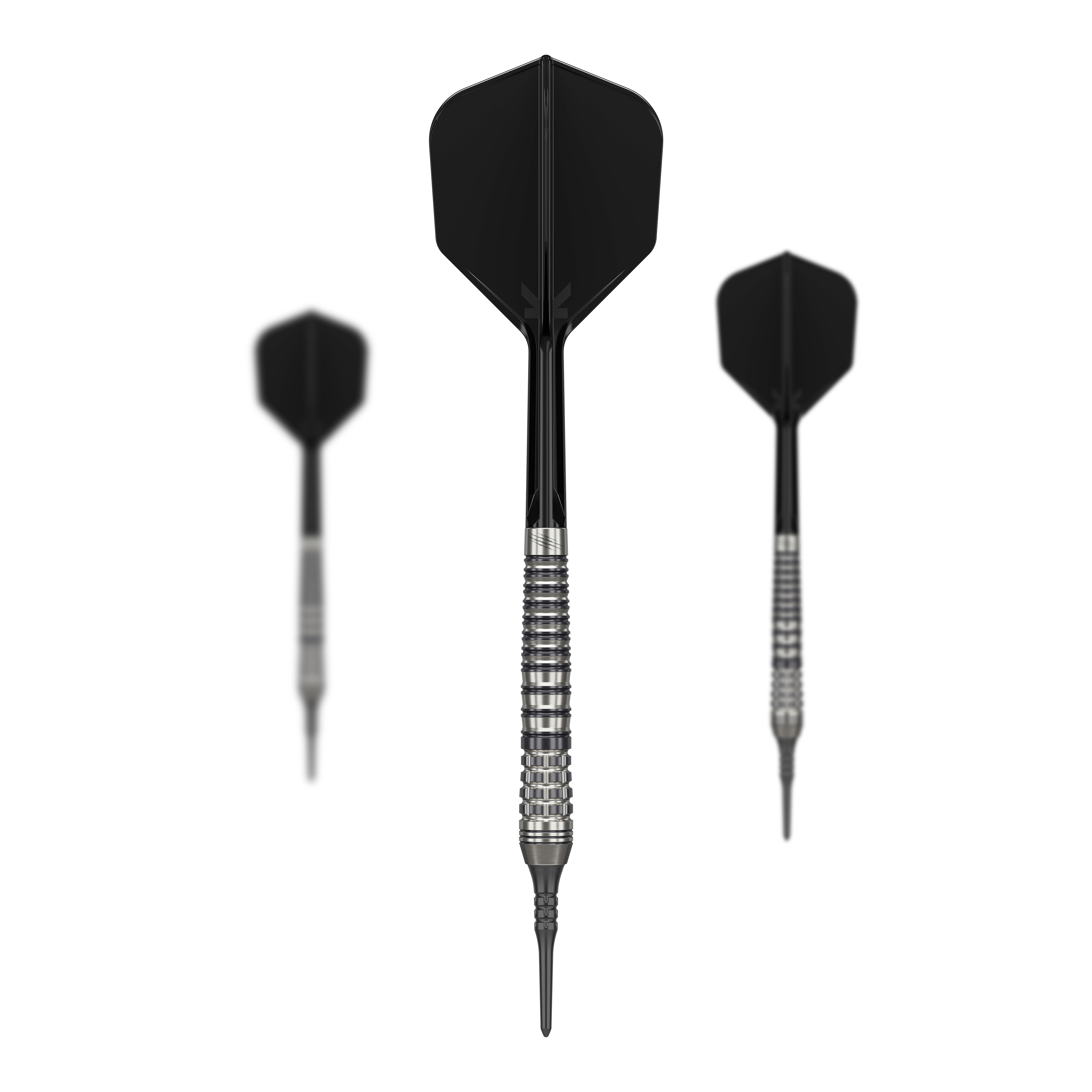 Target Japan Black Marque Renegade 4 Softdarts - 19g Das Bild zeigt drei schwarze Softdarts mit silbernem Griff. Es handelt sich um das Produkt "Target Japan Black Marque Renegade 4 Softdarts - 19g".