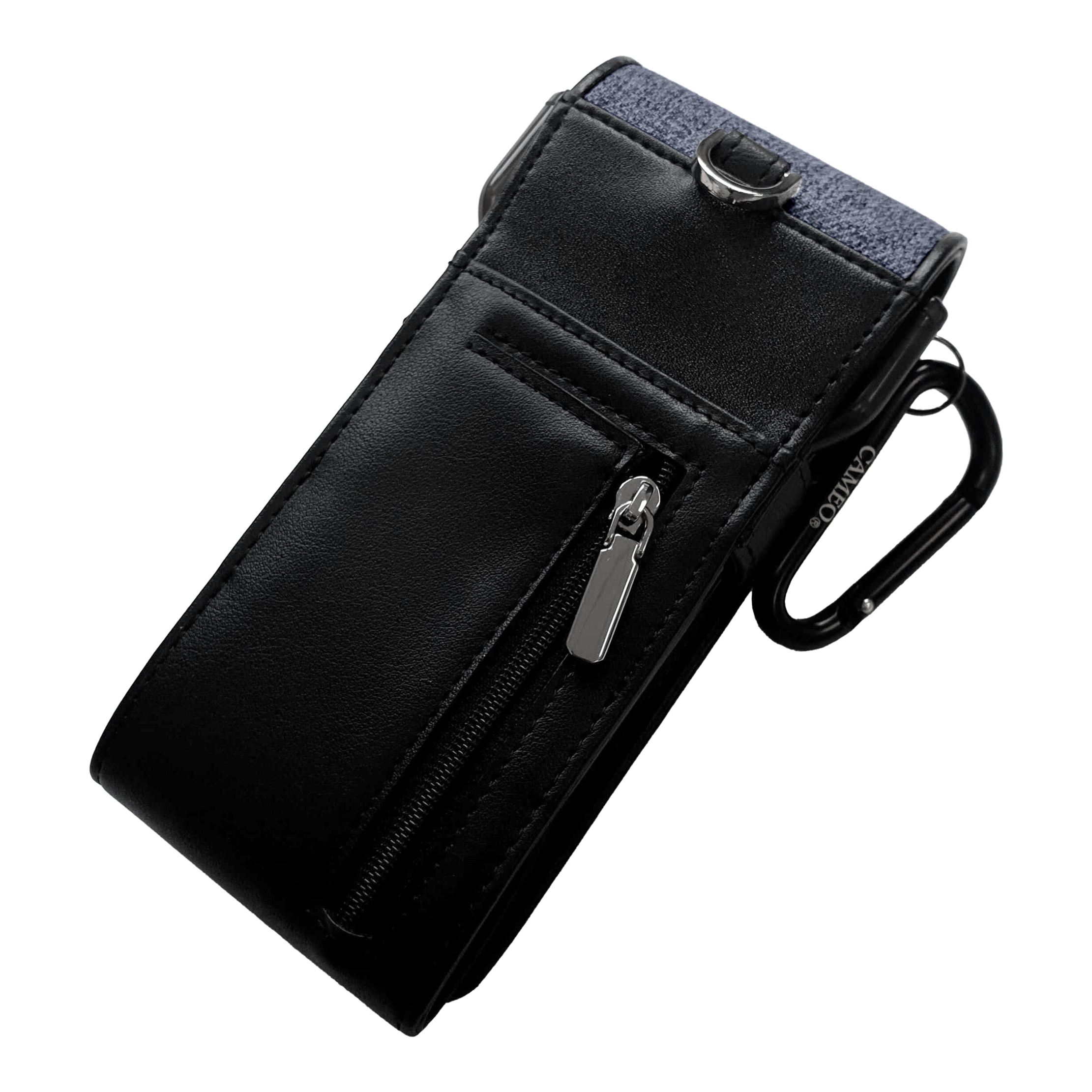 Dies ist ein schwarzes Etui mit einem Reißverschlussfach auf der Vorderseite. Oben hat es einen blauen Stoffabschnitt und einen Metallclip zur Befestigung.