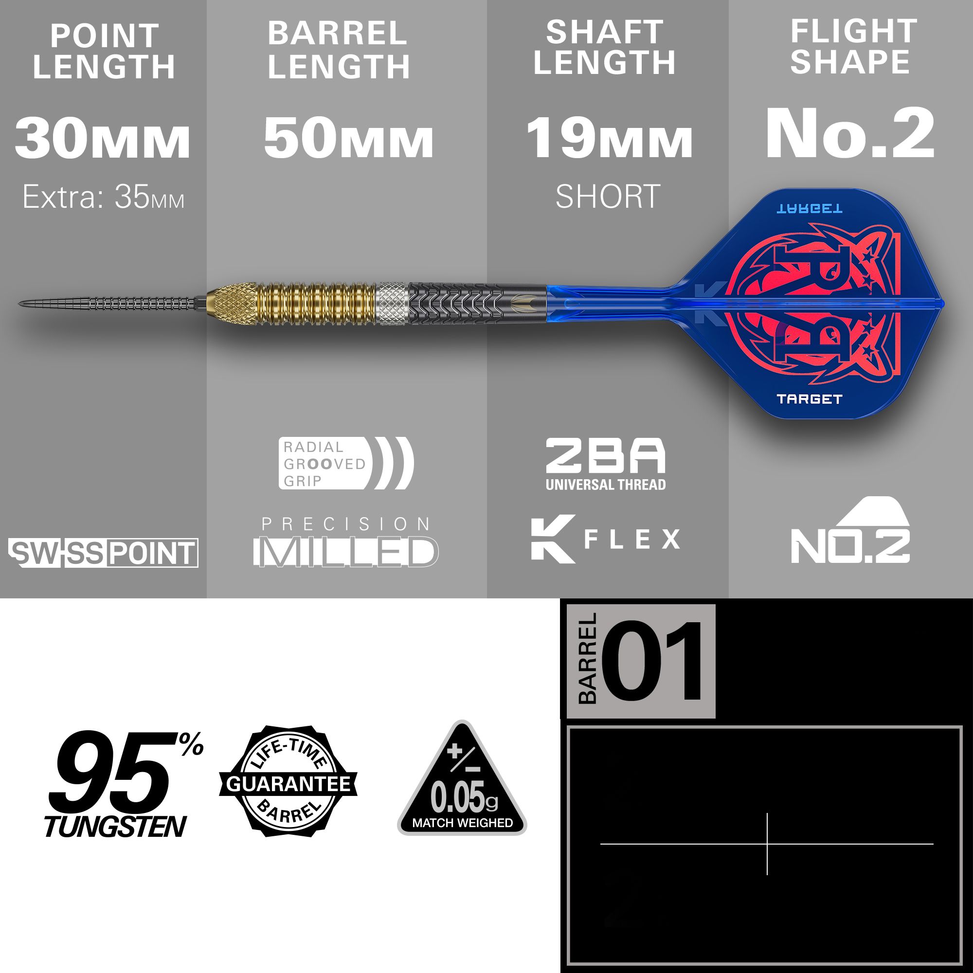 Zu sehen ist das Produkt Target Raymond Van Barneveld GEN6 Swiss Point Steeldarts. Diese Steeldarts sind für professionelle Dartspieler gedacht.