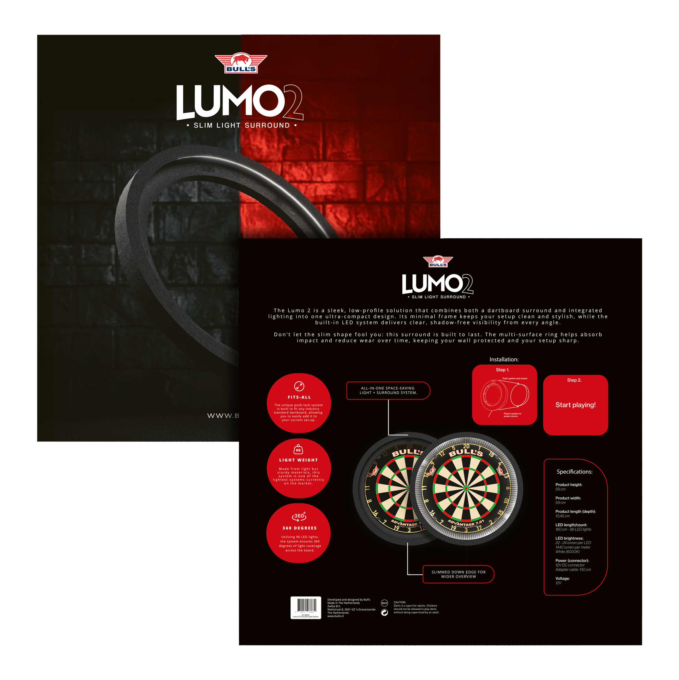 System oświetlenia przestrzennego Bulls NL Lumo 2 Light Das Bild zeigt das Produkt "Bulls NL Lumo 2 Light Surround Beleuchtungssystem" für Dartscheiben. Es kombiniert ein schlankes, rundes LED-Lichtsystem mit einem schützenden Surround für bessere Sicht und Schutz beim Dartspielen.