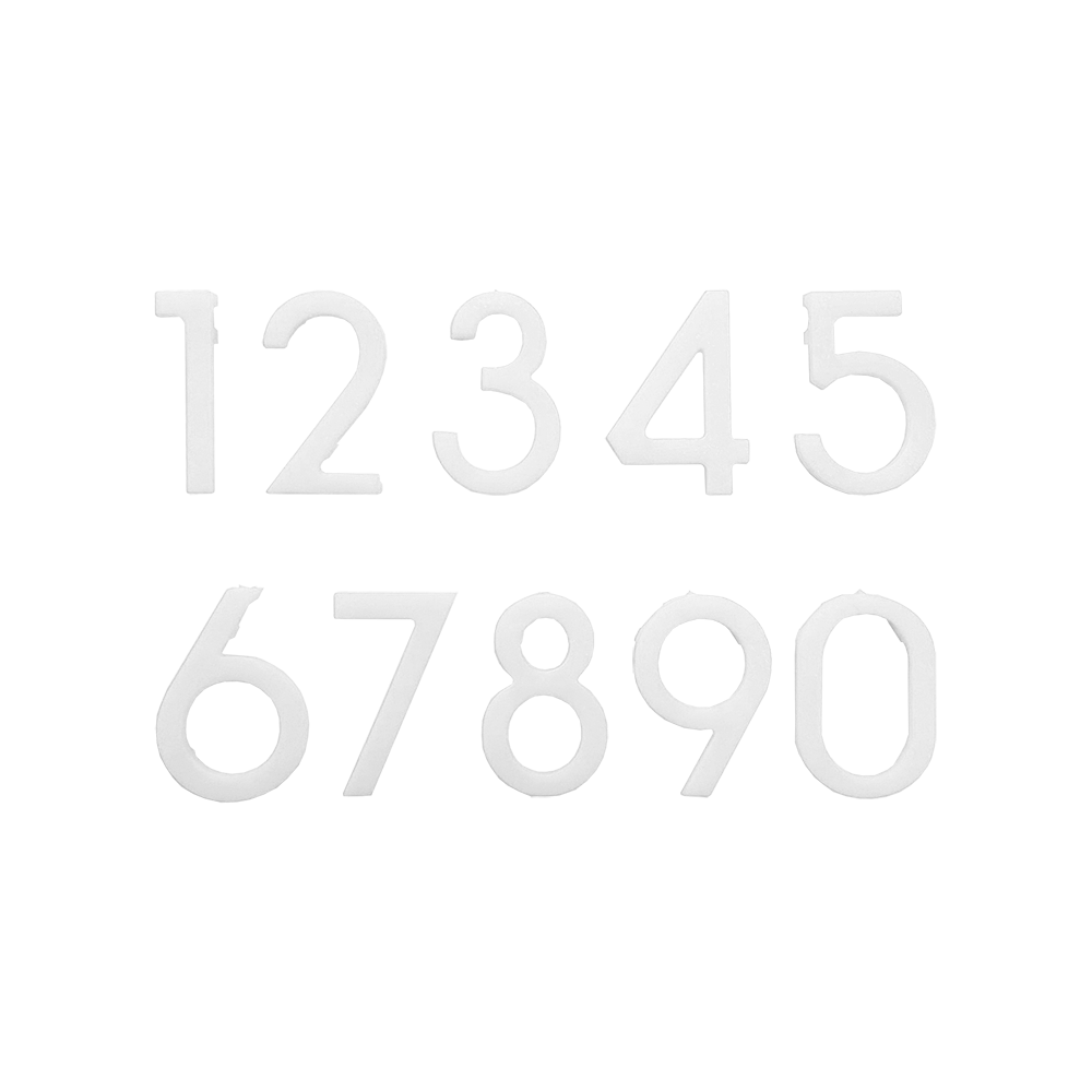 Numery zamienne do tarczy do darta McDart Das Bild zeigt weiße Ersatznummern von 0 bis 9 für eine Dartscheibe. Die Zahlen sind nebeneinander in zwei Reihen angeordnet.