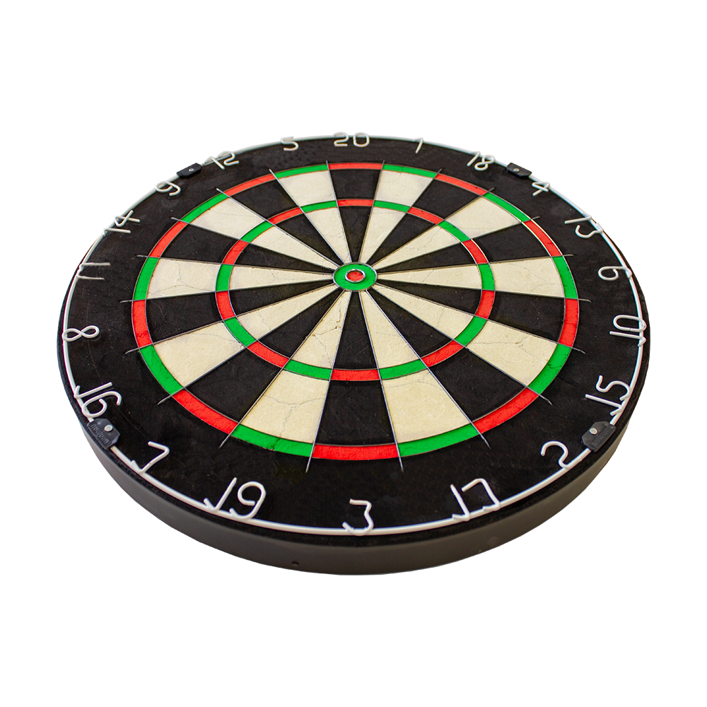 NPQ Steeldartboard Das Bild zeigt eine NPQ Steeldartboard-Dartscheibe. Sie ist rund und in verschiedene farbige Felder unterteilt, die zum Dartspielen verwendet werden.