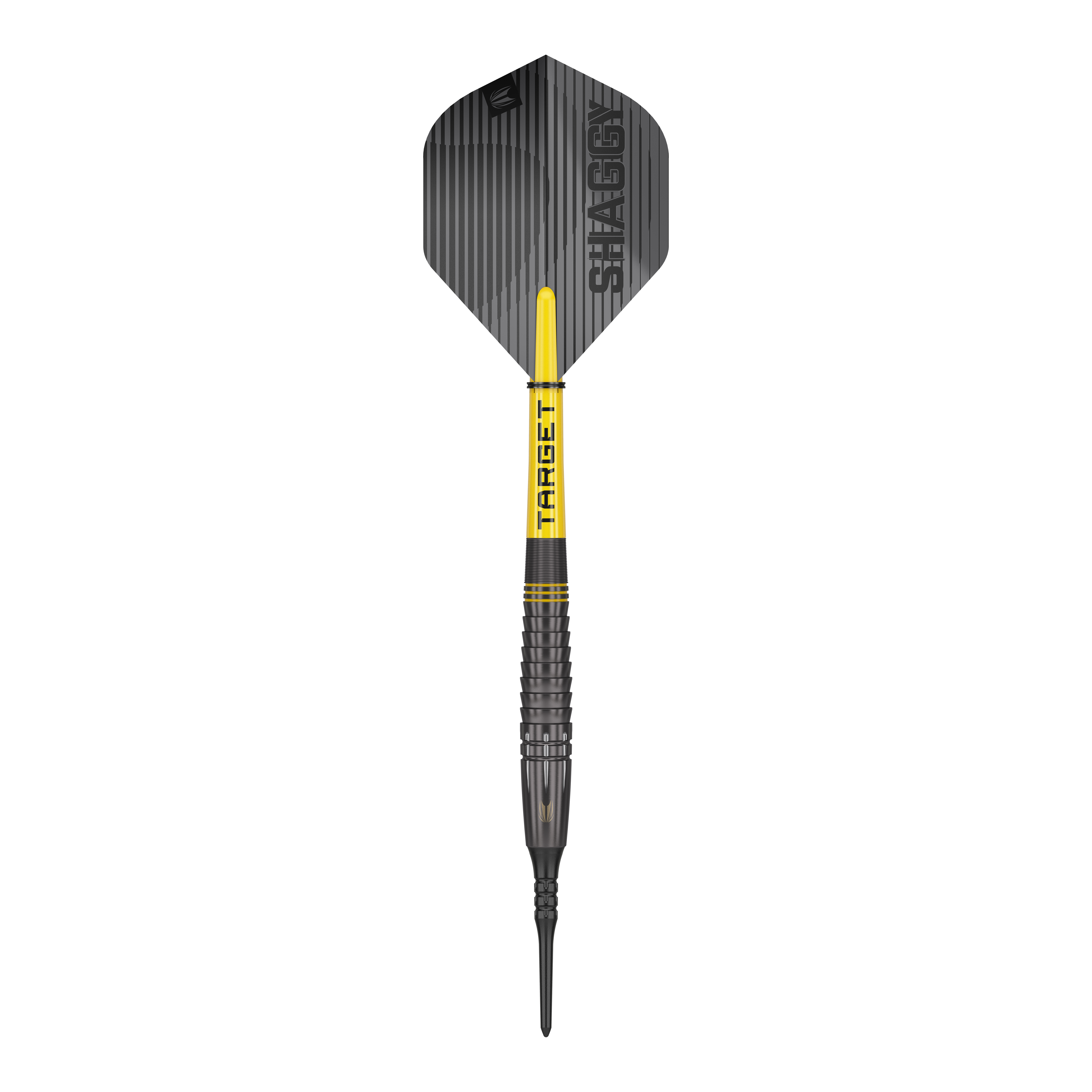 Lotki Target Scott Williams Shaggy Black Soft Darts - 20g Dies ist ein Softdart namens "Target Scott Williams Shaggy Black Softdarts - 20g". Der Dart ist überwiegend schwarz mit gelben Akzenten und hat den Schriftzug "SHAGGY" auf der Flight.