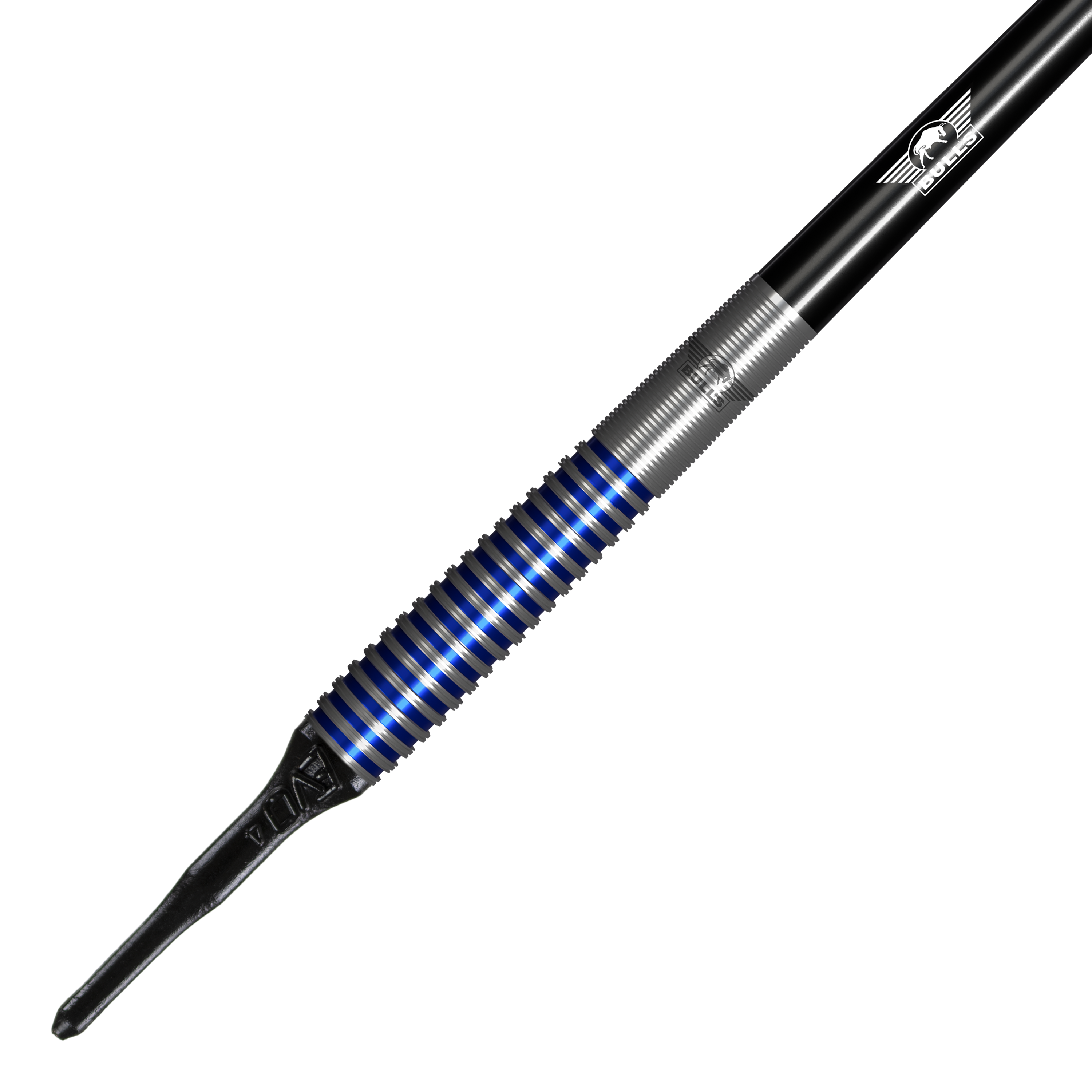 Bulls NL Romeo Grbavac miękkie lotki - 19g Das Bild zeigt einen Bulls NL Romeo Grbavac Softdart mit einem Gewicht von 19 Gramm. Der Dart hat ein silbernes Griffstück mit blauen Ringen und eine schwarze Spitze.