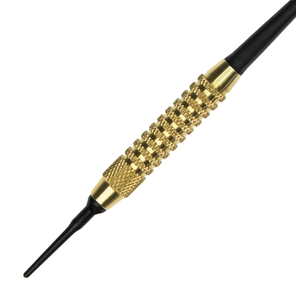 621_Automatenpfeile_Set_2 Das Bild zeigt einen einzelnen Automatenpfeil mit einer goldfarbenen, geriffelten Griffzone und einer schwarzen Spitze. Der Pfeil ist für das Dartspiel an Automaten geeignet.
