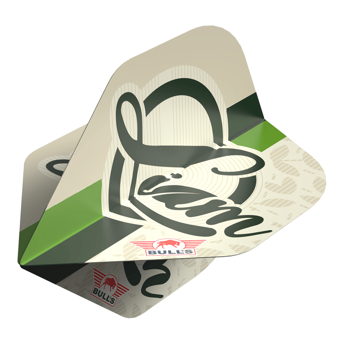 Bulls NL Player 100 Liam Maendl Lawrance nr 2 Standard Flights Das Bild zeigt ein Dart-Flights-Set mit dem Namen "Bulls NL Player 100 Liam Maendl Lawrance No2 Standard Flights". Die Flights sind beige mit grünen und schwarzen Akzenten und tragen das Bulls-Logo sowie den Schriftzug "Liam".
