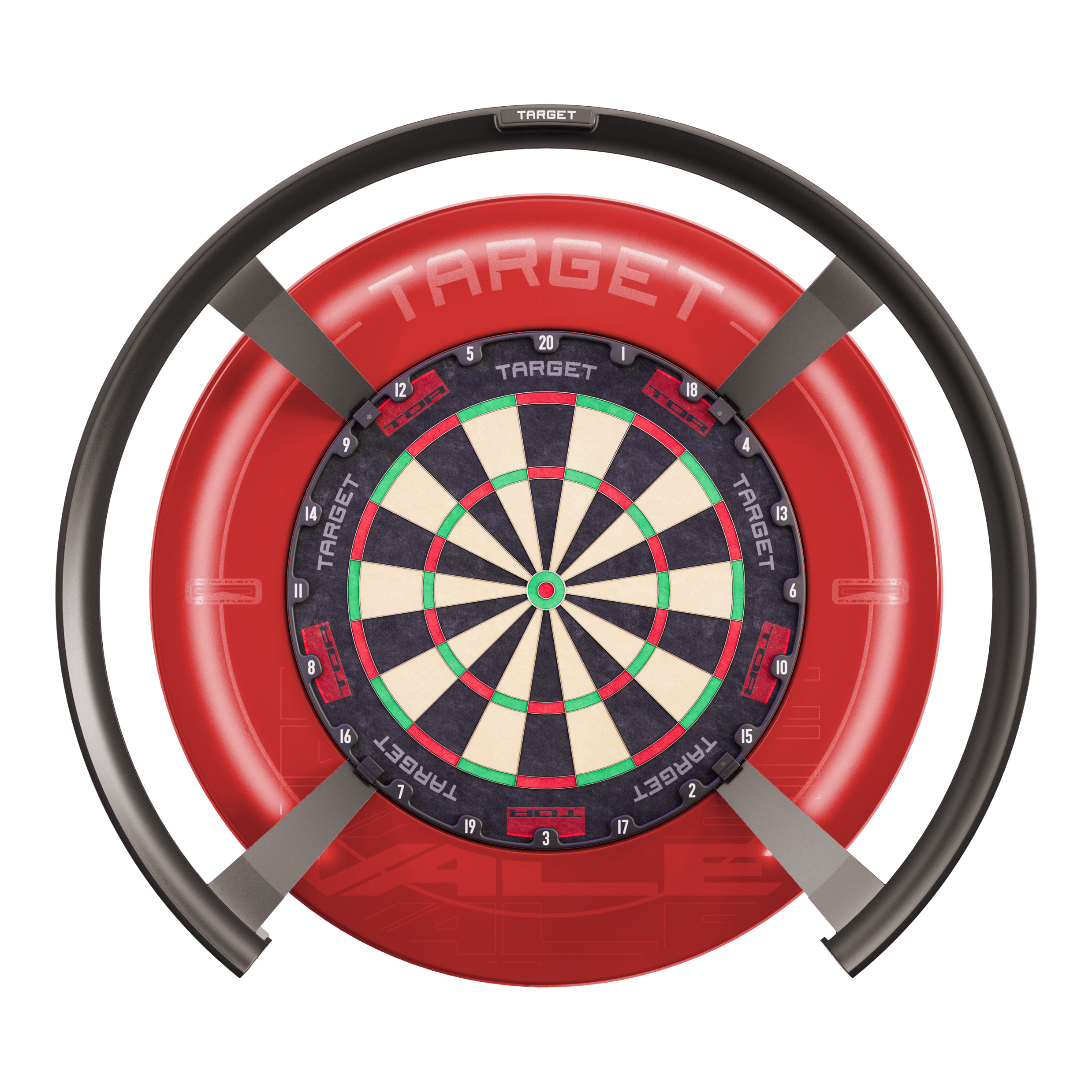 System automatycznego punktowania Target OMNI Das Bild zeigt das Produkt "Target OMNI Auto-Scoring-System", ein innovatives elektronisches System für Dartspiele. Es besteht aus einem Dartboard mit einem kreisförmigen automatischen Punktesystem und einer markanten roten Umrandung.