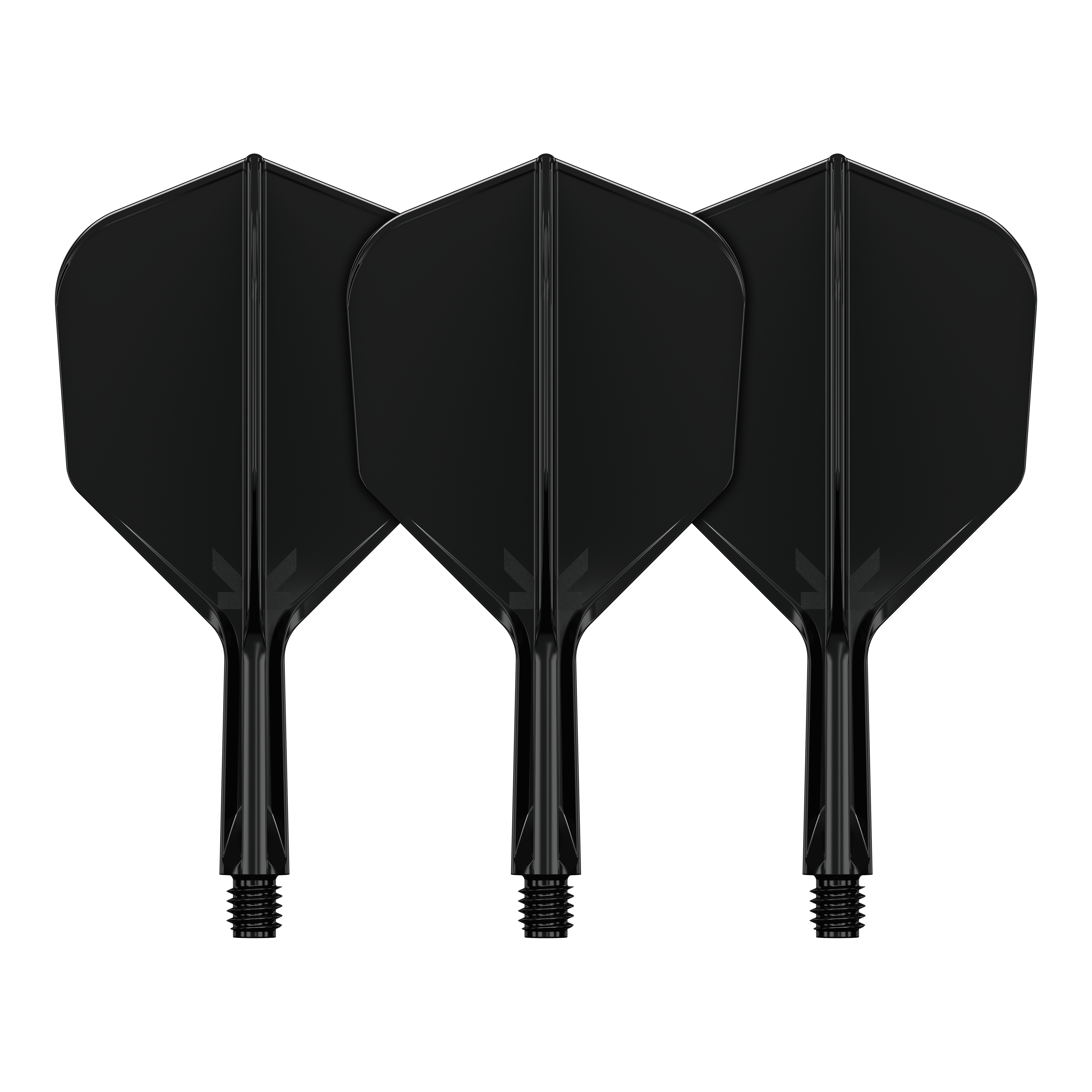 System lotu Target K-Flex No6 - czarny Das Bild zeigt drei schwarze Dart-Flights mit Schaft. Sie sind nebeneinander auf einem schwarzen Hintergrund angeordnet.