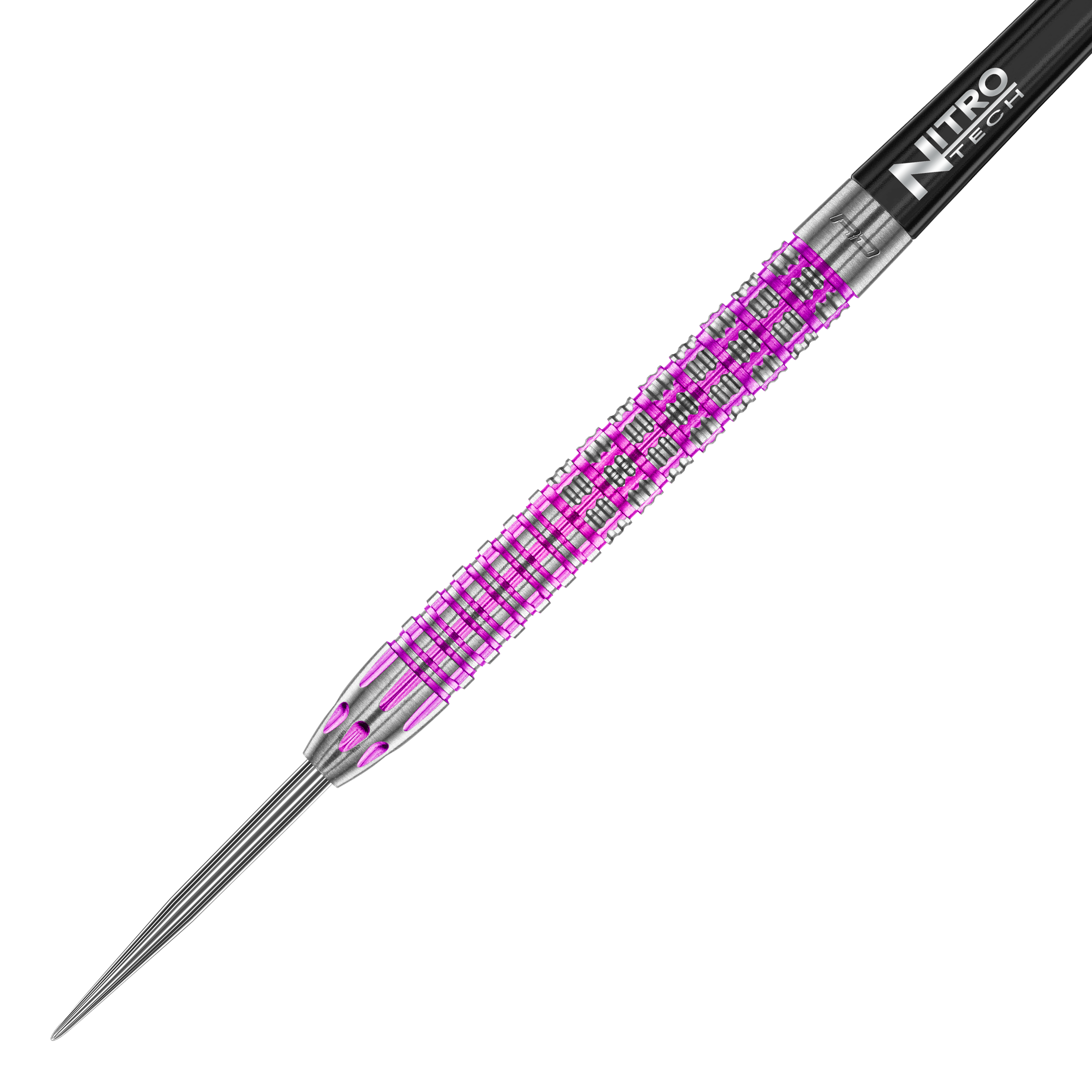 Red Dragon Tyrian Steeldarts Das Bild zeigt einen Red Dragon Tyrian Steeldart mit auffälligen lila und silbernen Mustern. Der Dart hat eine präzise gearbeitete Metallspitze und einen Nitro Tech Schaft.