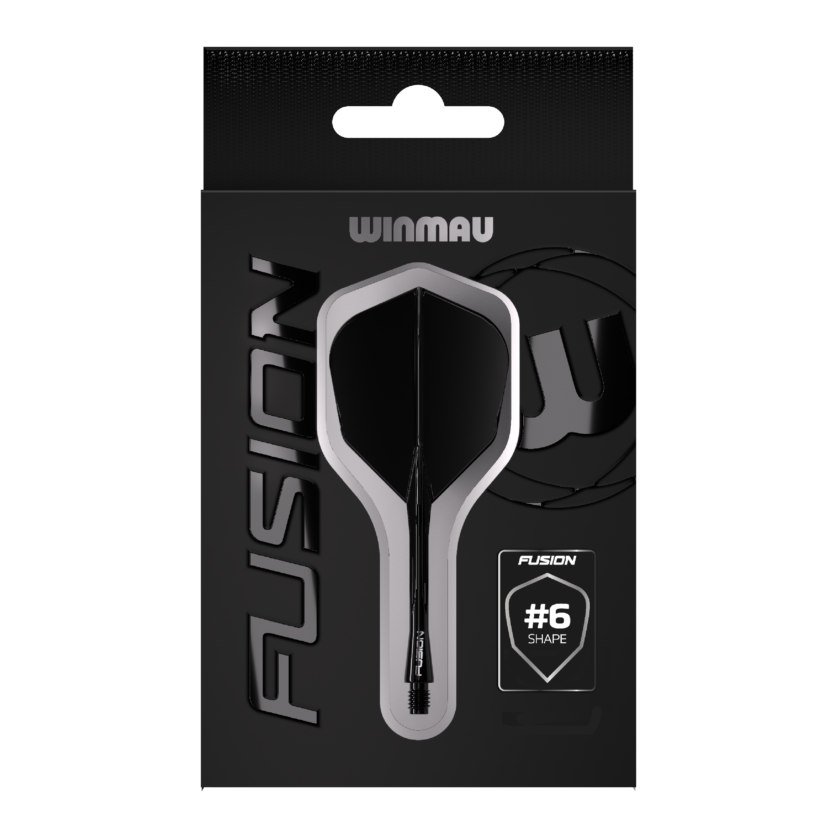 Das Bild zeigt eine Verpackung des Winmau Fusion Flight Shaft Systems in Schwarz. Auf der Verpackung steht, dass es sich um die Form Nummer 6 handelt.