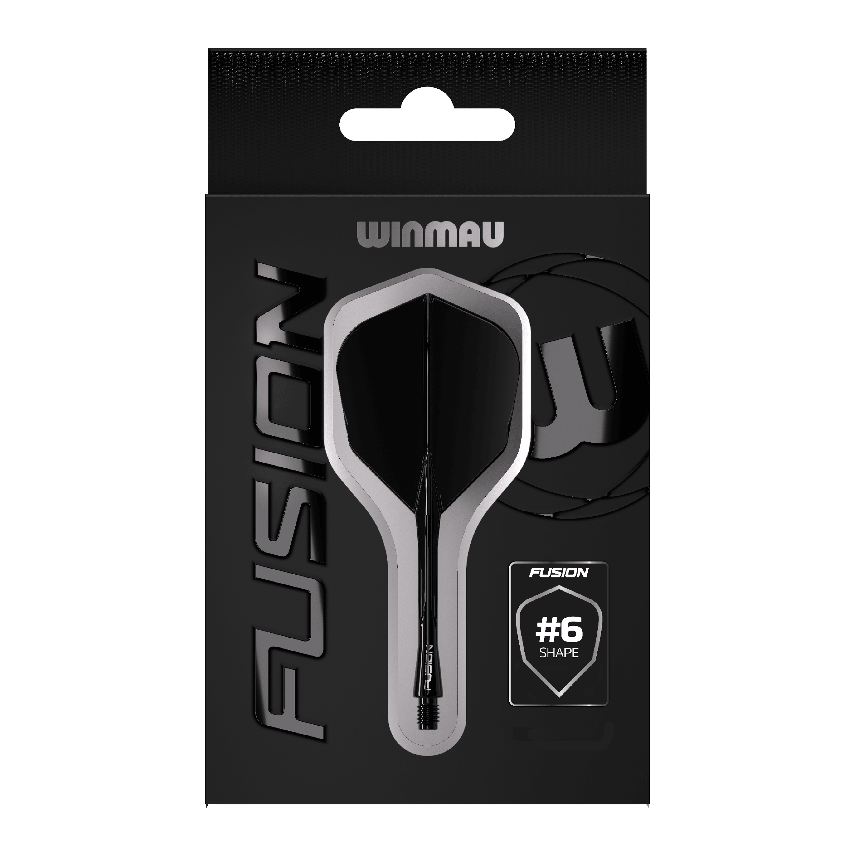 Winmau Fusion Flight Shaft System nr 6 czarny Das Bild zeigt eine Verpackung des Winmau Fusion Flight Shaft Systems in Schwarz. Auf der Verpackung steht, dass es sich um die Form Nummer 6 handelt.